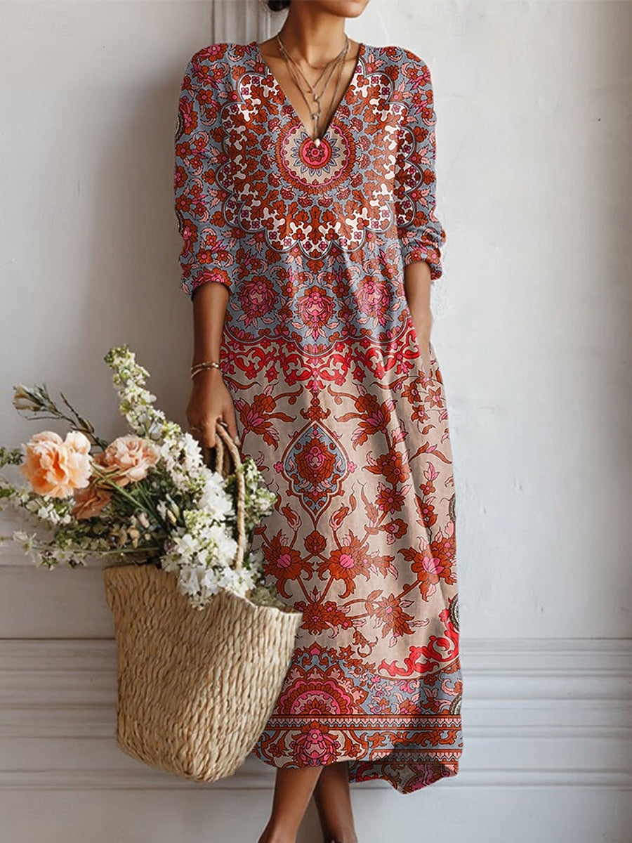 Boho Midi Kjole i Hørlook med Print til Dame