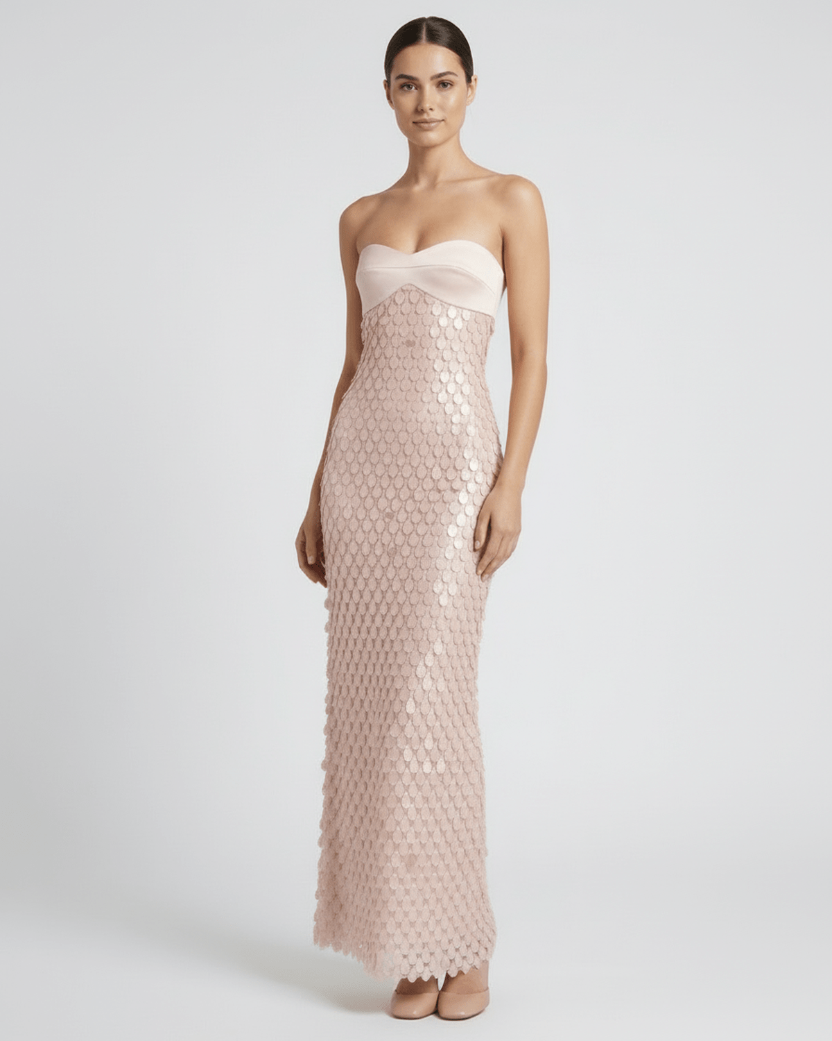 Elara Maxi Dress - Blush Pink Sequin Dress with Strapless Satin Bodice by Lauven, showcasing modern elegance.