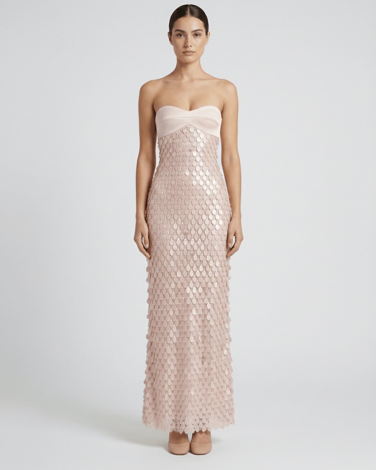 Elara Maxi Dress – Blush Pink Sequin Maxi Dress by Lauven with strapless satin bodice and dimensional shimmer.