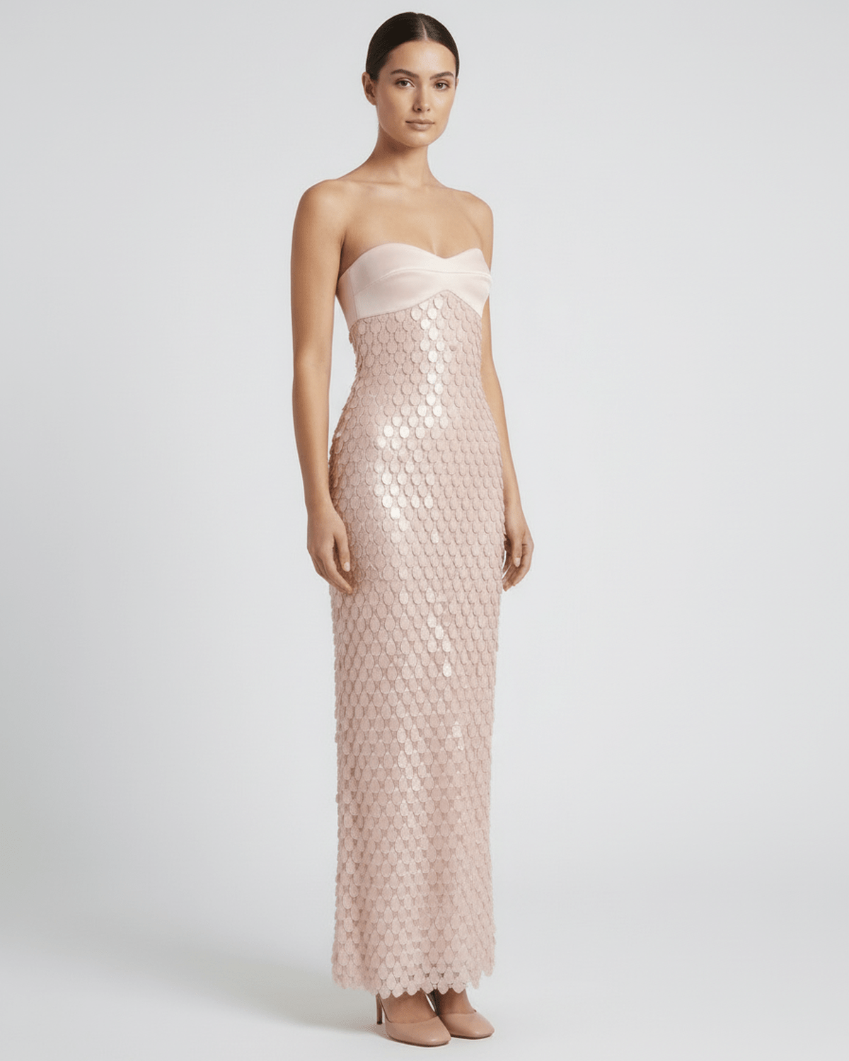 Elara Maxi Dress – Blush Pink Sequin Maxi Dress with Strapless Satin Bodice by Lauven, perfect for modern evening looks.