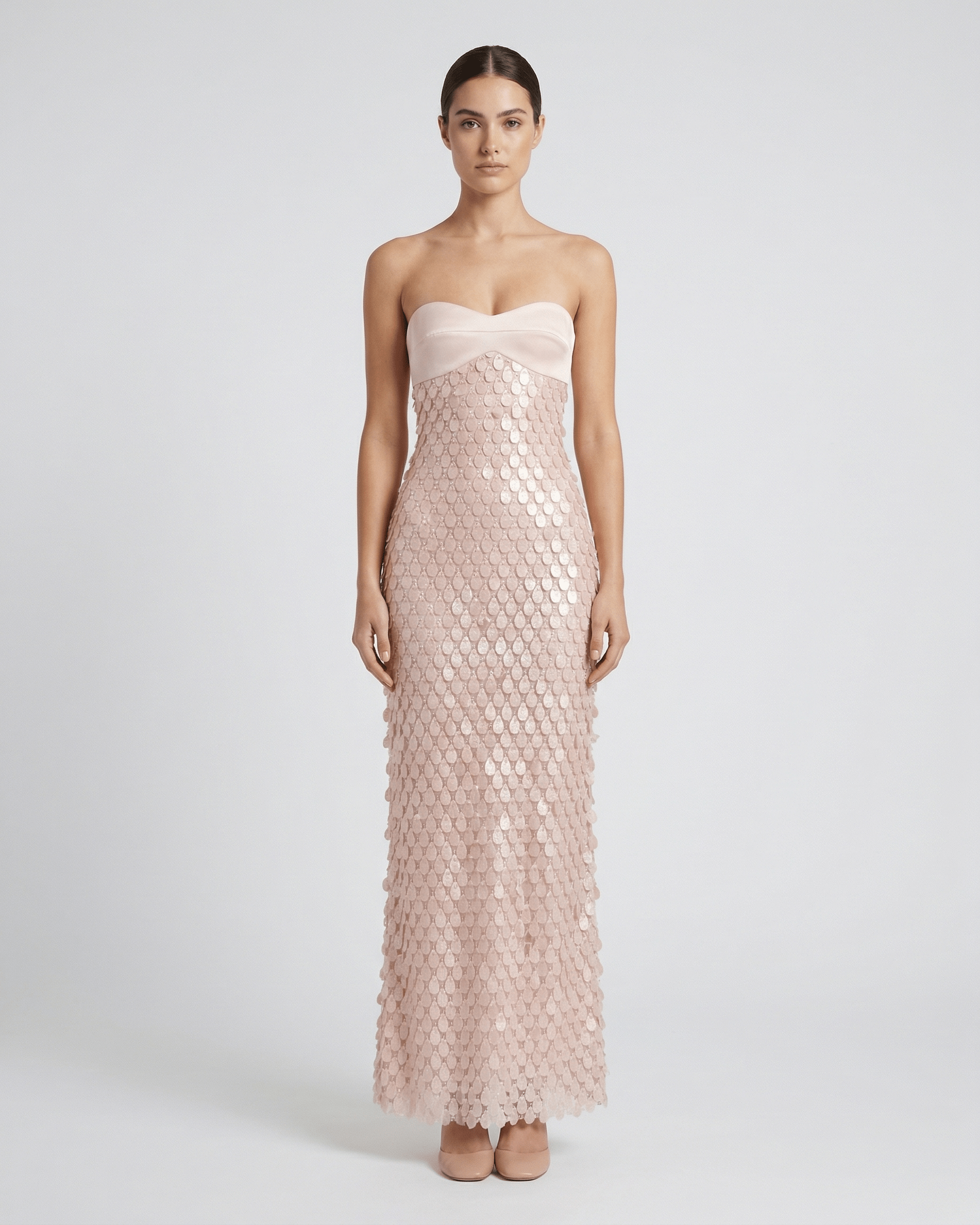 Elara Maxi Dress – Blush Pink Sequin Maxi Dress with Strapless Satin Bodice from Lauven, offering elegance and shimmer.