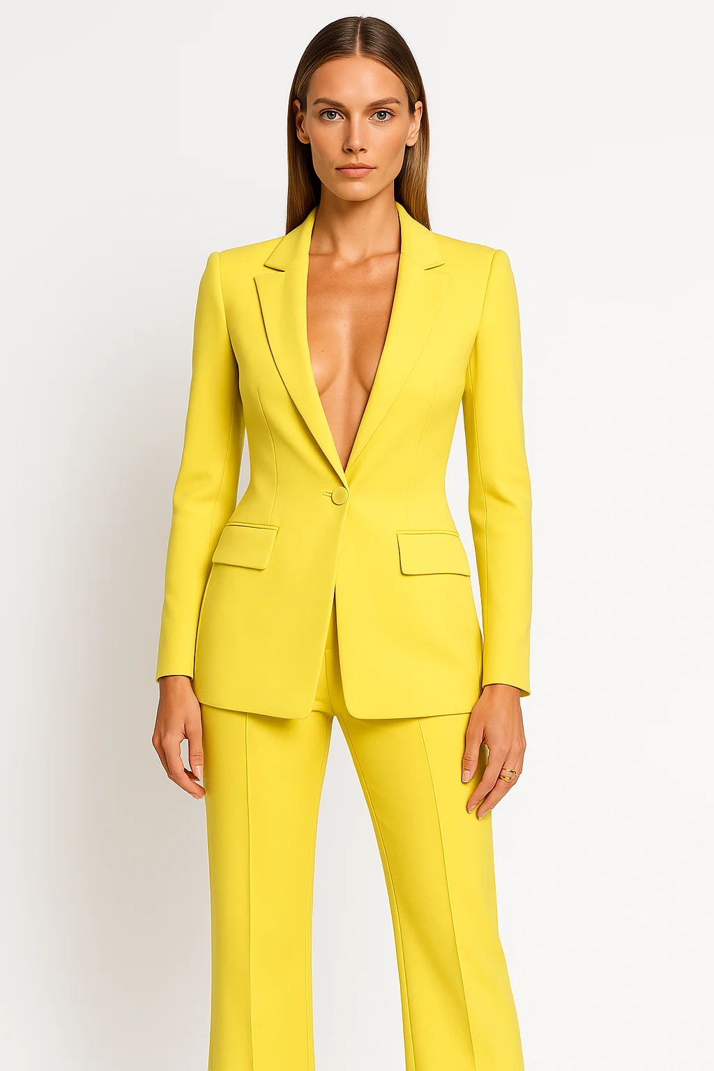 Ensemble blazer et pantalon pour femme, coupe structurée, en mélange de coton, couleur bleue.