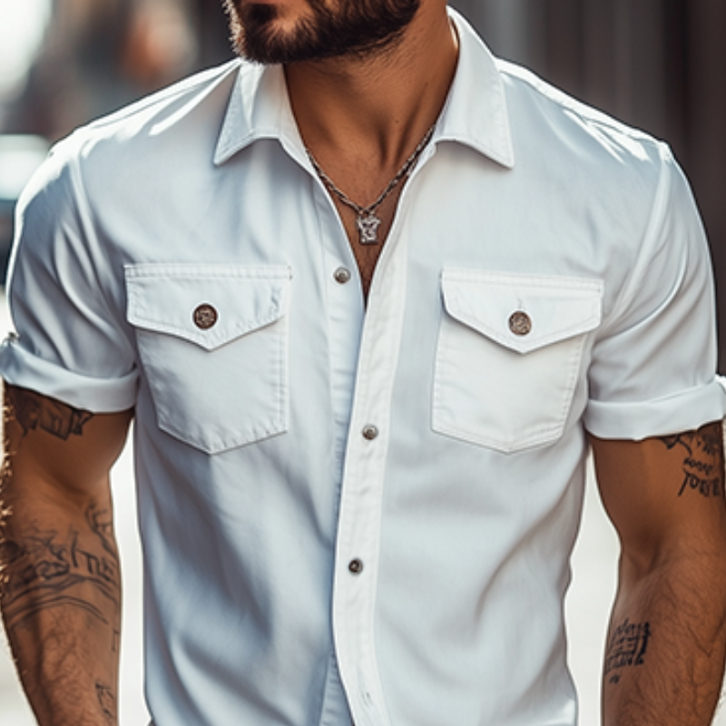 Férfi klasszikus casual egyszínű slim fit többzsebes poliészter-pamut rövid ujjú ing 39582391K