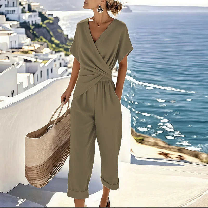 Jumpsuit til damer med V-udskæring og korte ærmer - Regular Fit
