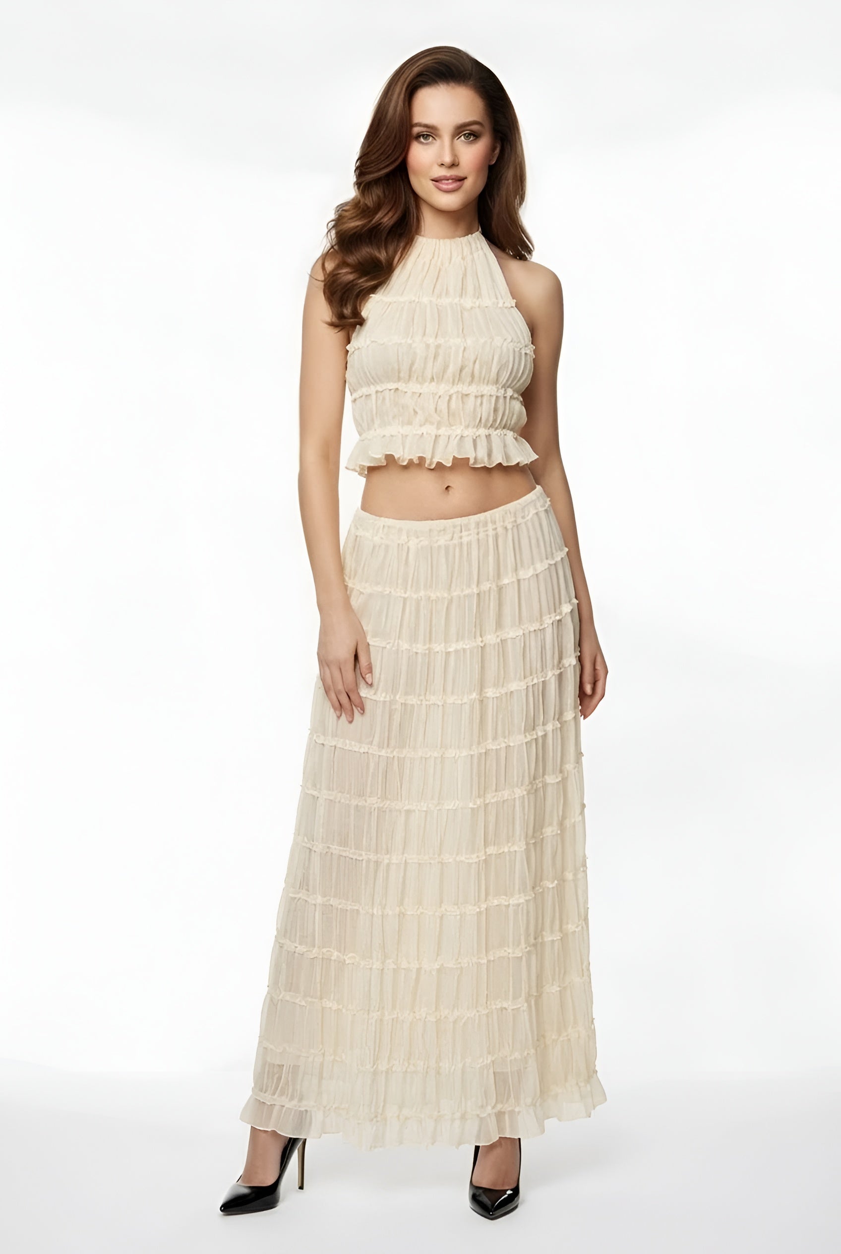 Conjunto duplo para senhora com top e saia maxi com folhos, conjunto leve de verão, elegante