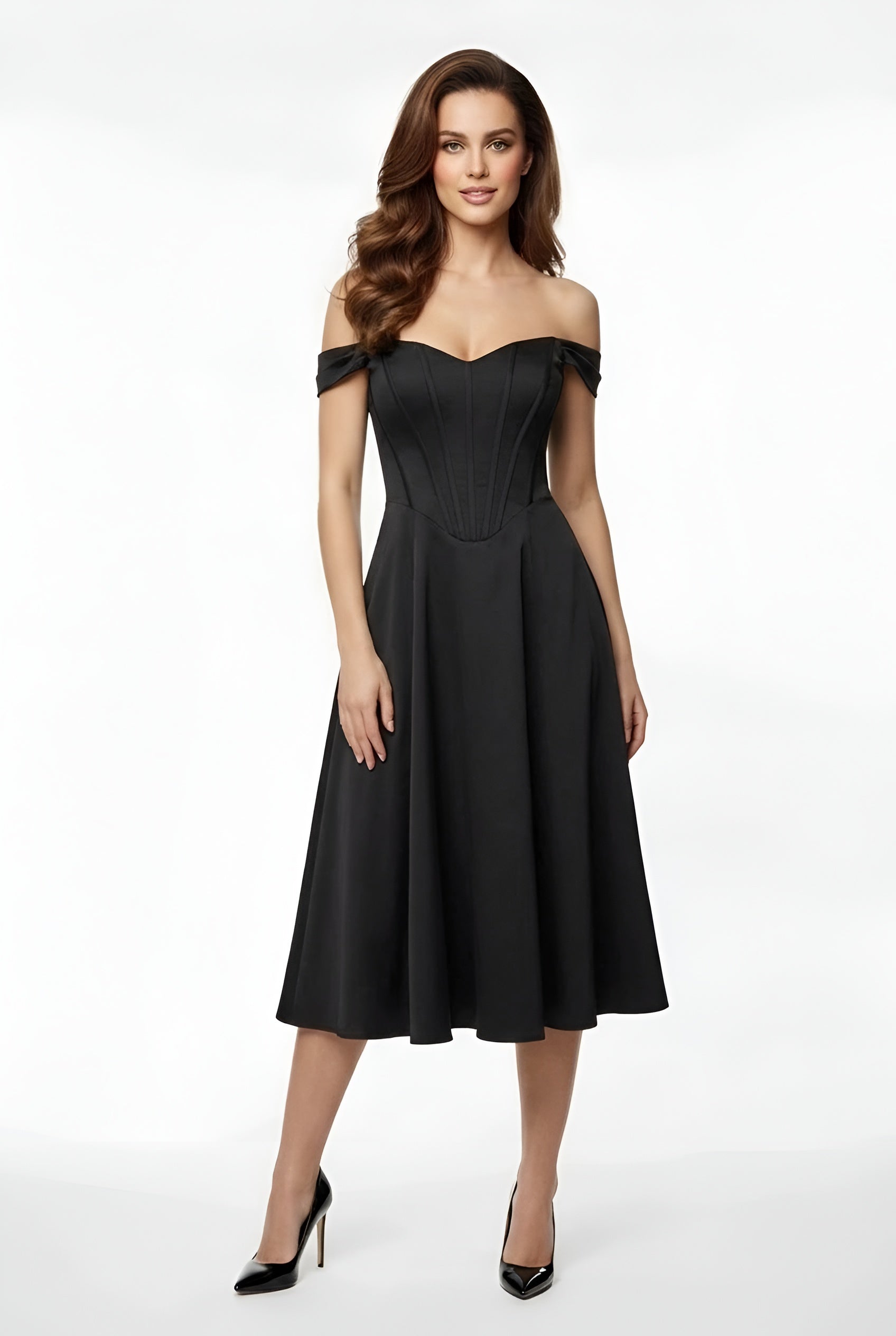 Abito midi elegante da donna con spalle scoperte, spacco e vestibilità aderente