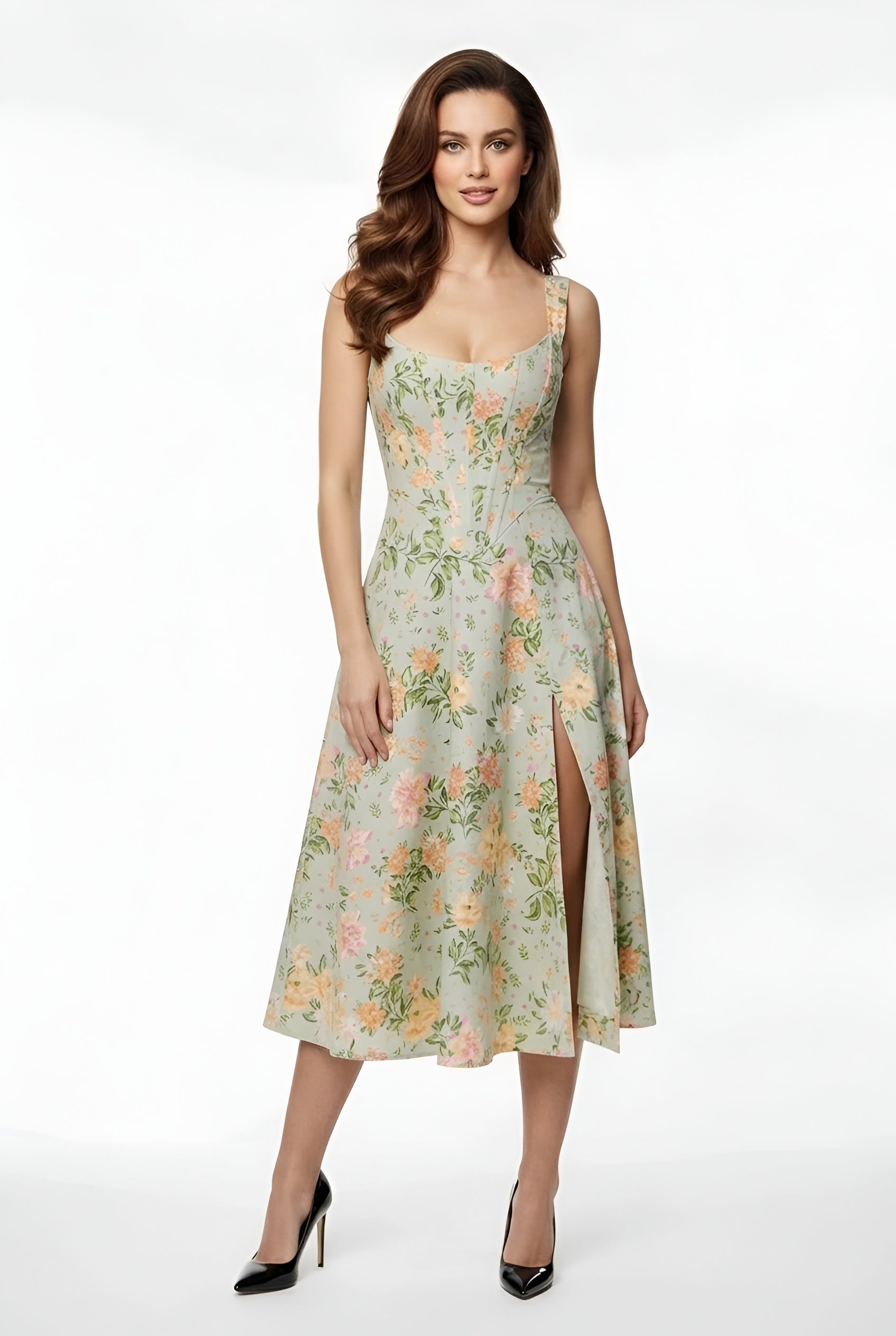 Abito midi elegante da donna con spalle scoperte, spacco e vestibilità aderente