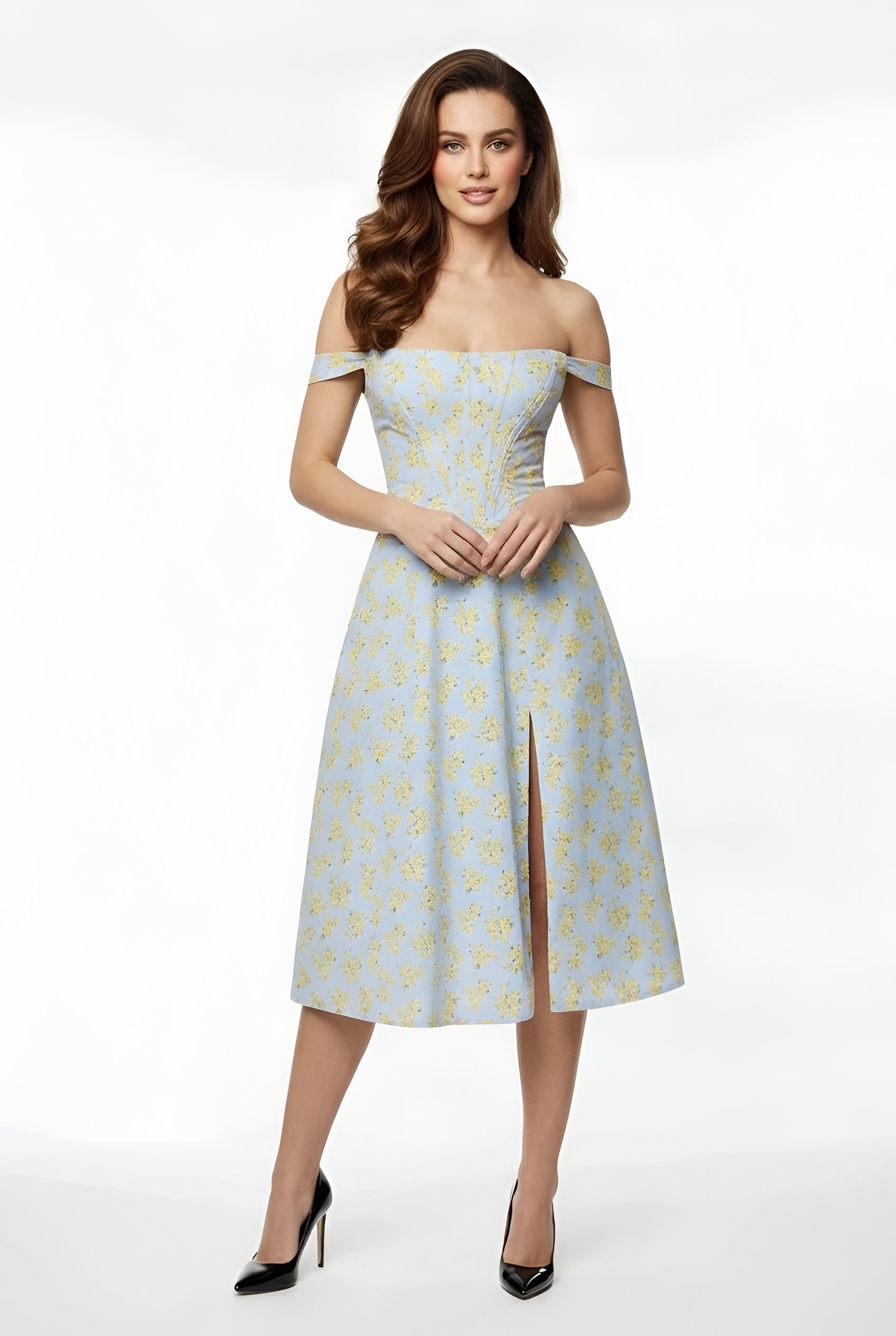 Vestido midi elegante justo para senhora, ombros descobertos, com racha