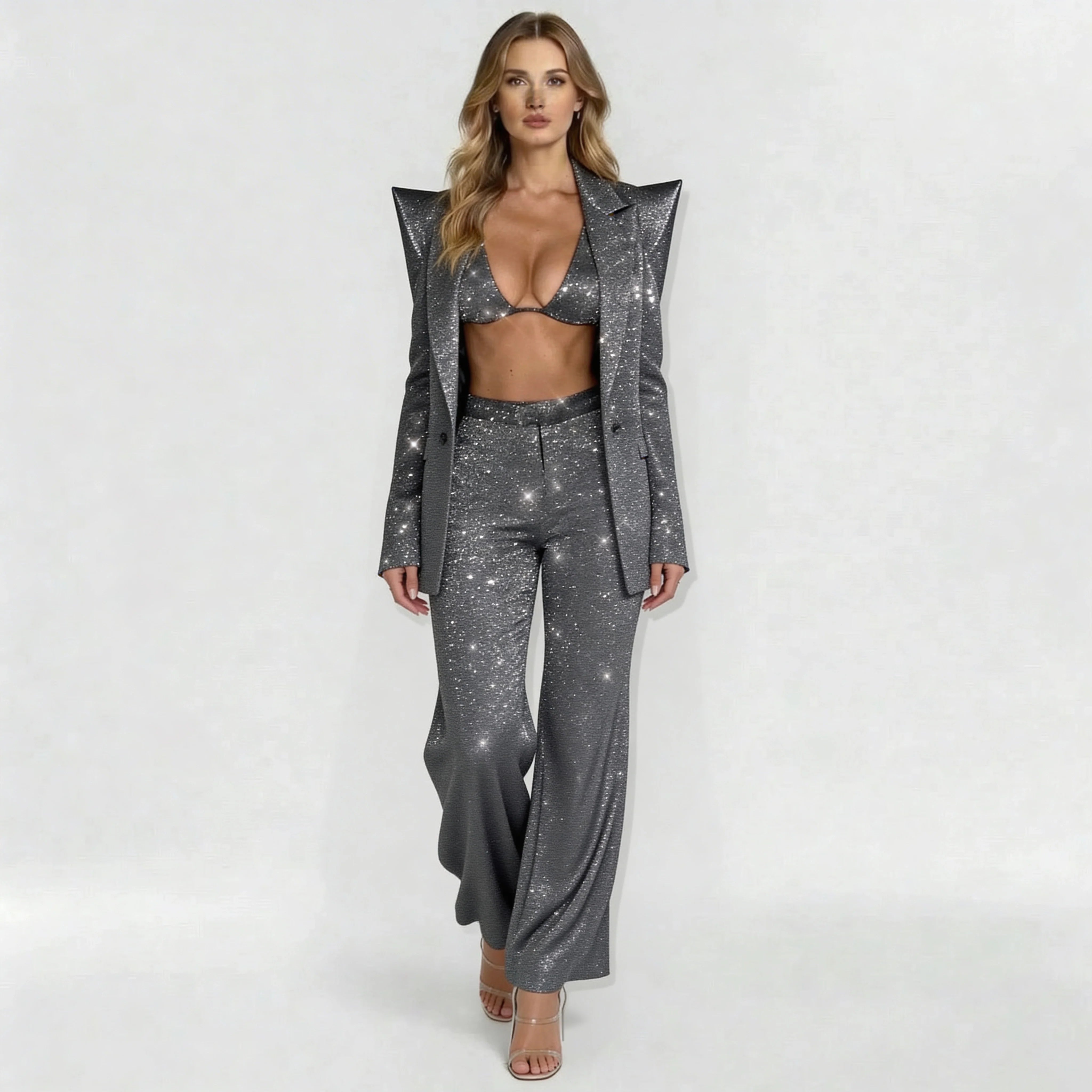 Damers pailletsæt med bukser blazer og bukser festoutfit 3-delt sæt