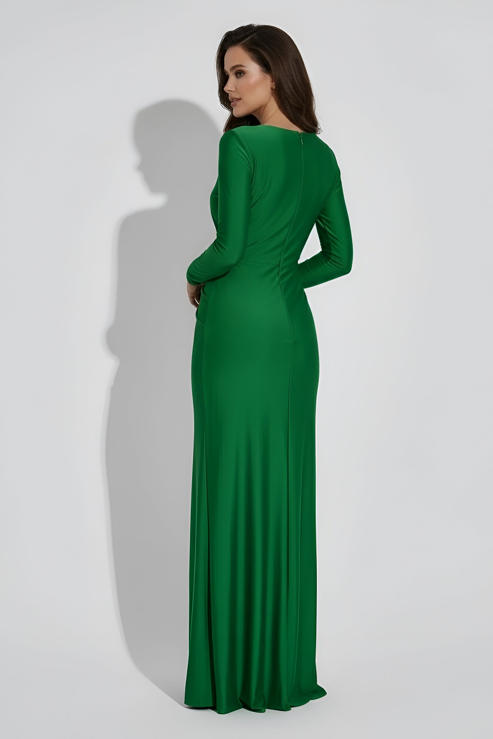 Damekjole langærmet maxi kjole dyb V-hals rynket slids aftenkjole