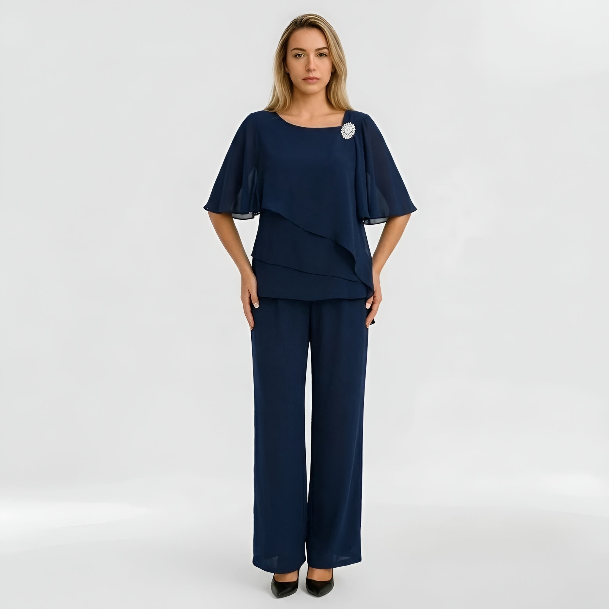 Dámský formální overal set s krátkým rukávem a širokými kalhotami