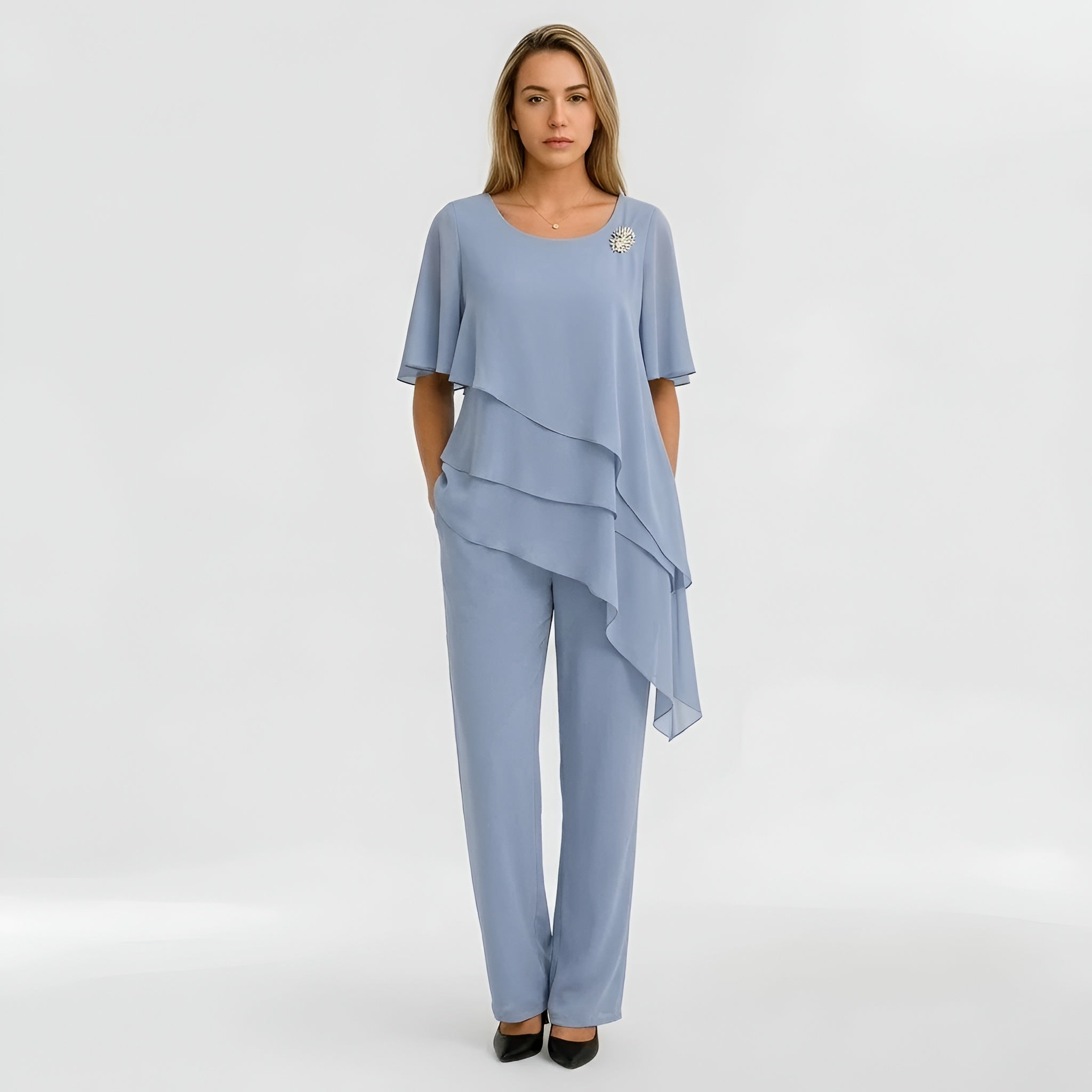 Ensemble combinaison pantalon formelle pour femmes avec blouse à manches courtes et pantalon large