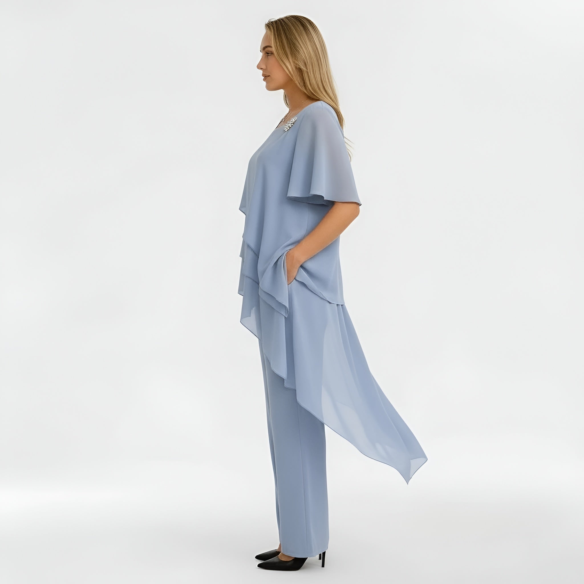 Dámský formální overal set s krátkým rukávem a širokými kalhotami