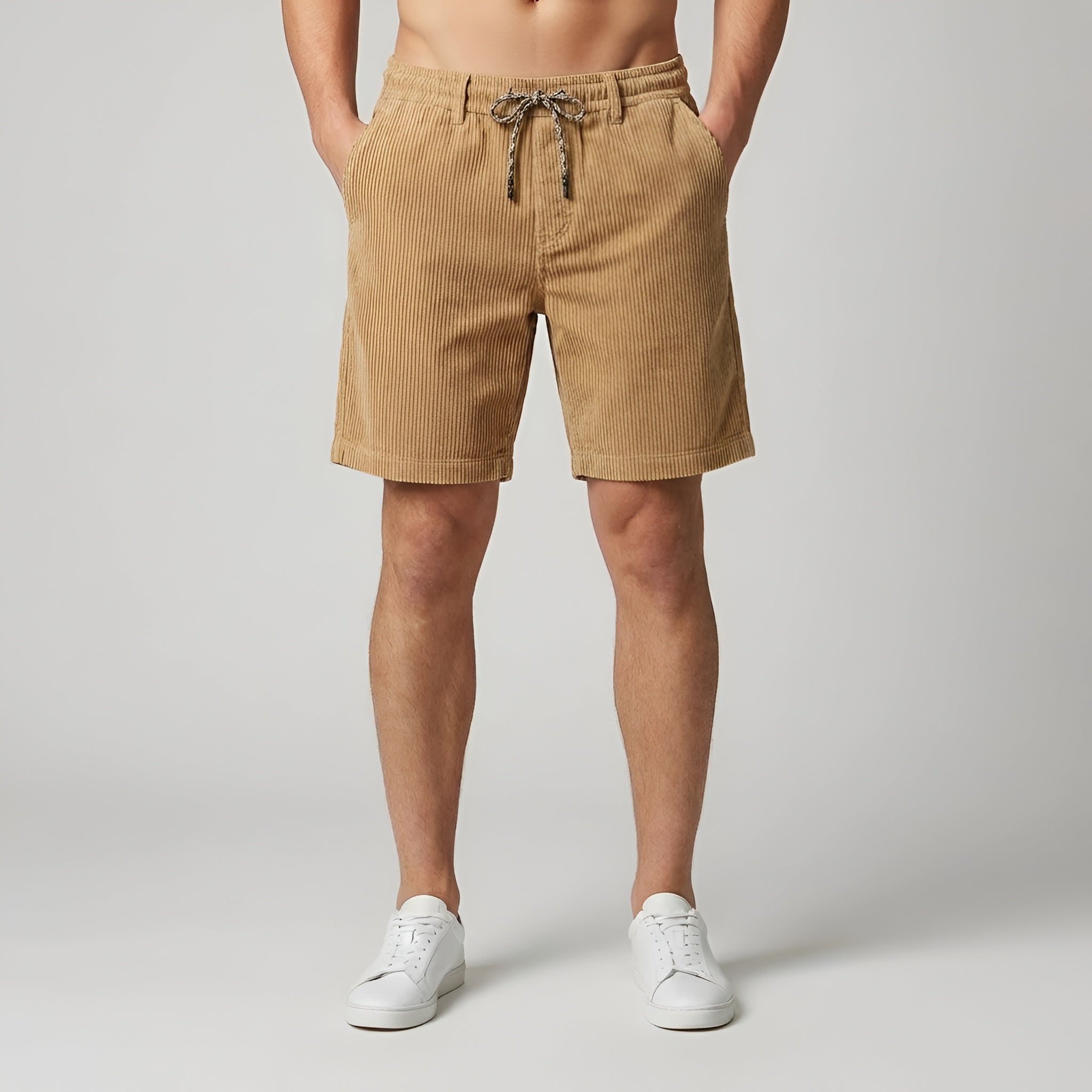 Shorts en velours côtelé en coton pour hommes avec taille élastique, cordon de serrage et design estival décontracté