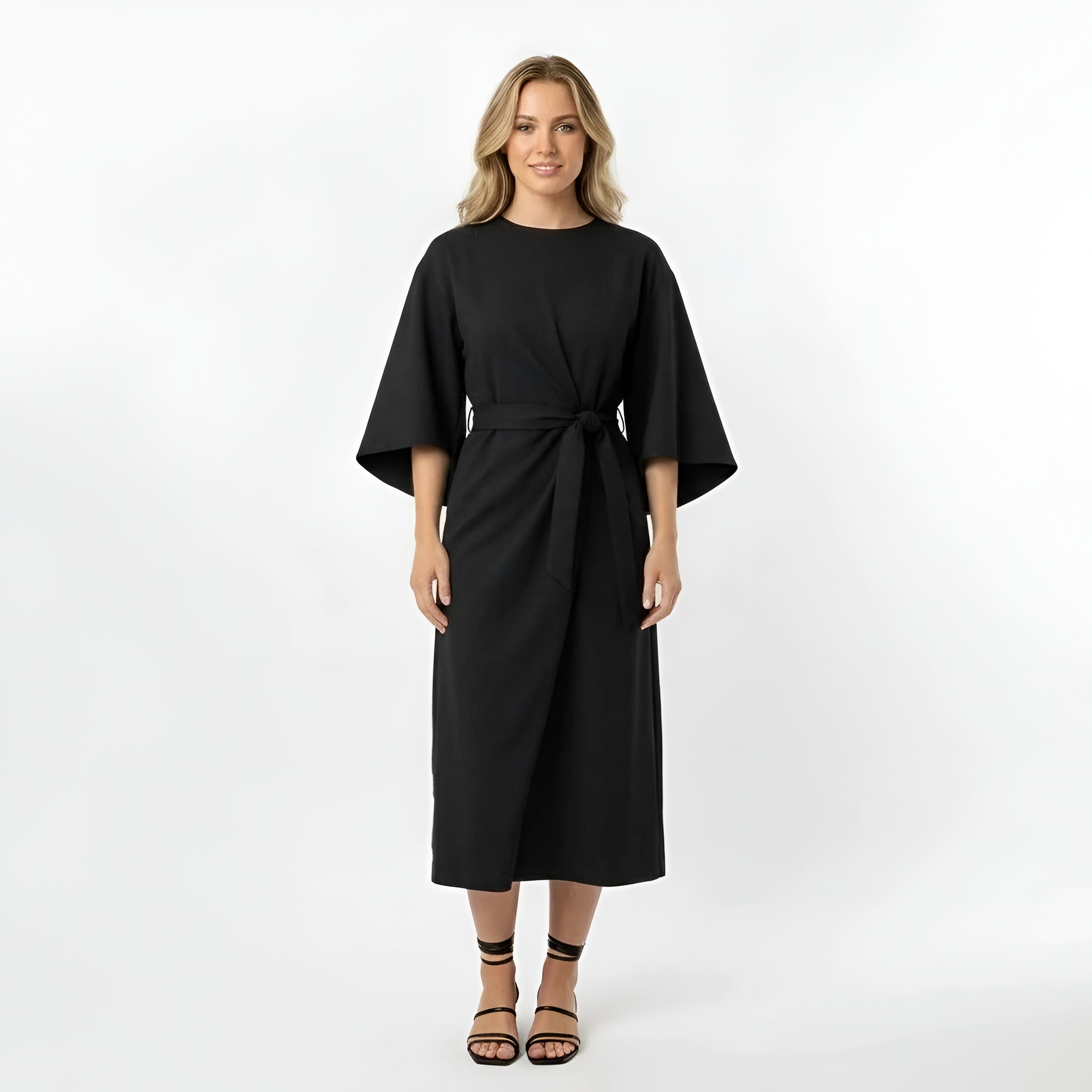 Sukienka midi damska z paskiem, luźna sukienka z rękawami 3/4 i kopertowym fasonem