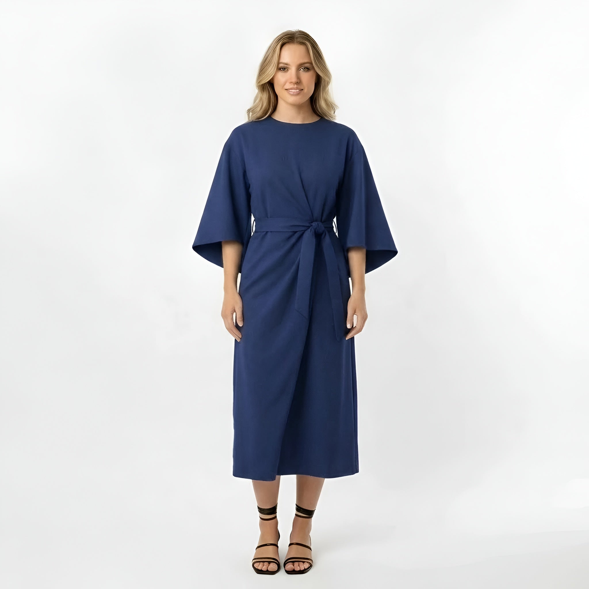 Sukienka midi damska z paskiem, luźna sukienka z rękawami 3/4 i kopertowym fasonem