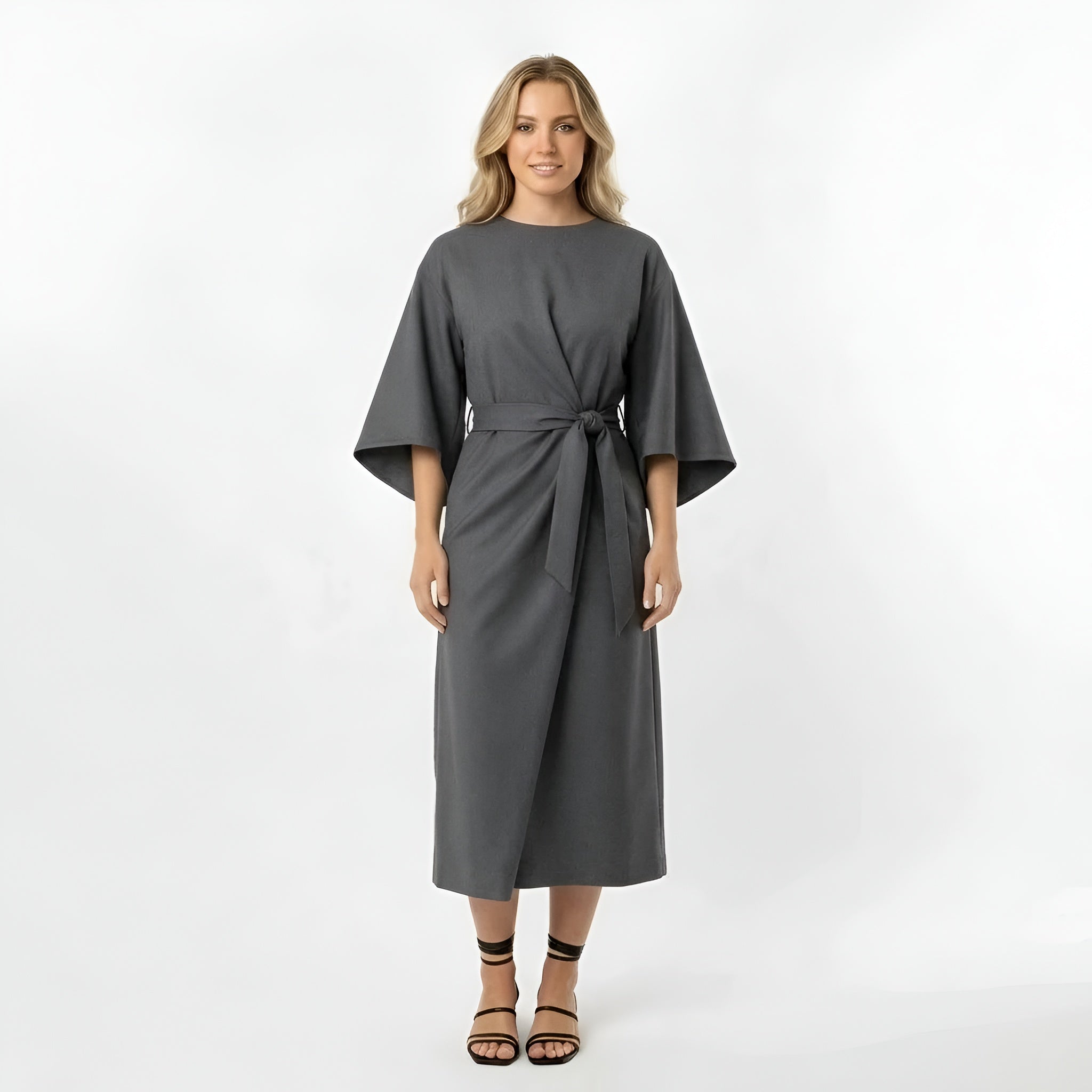 Sukienka midi damska z paskiem, luźna sukienka z rękawami 3/4 i kopertowym fasonem