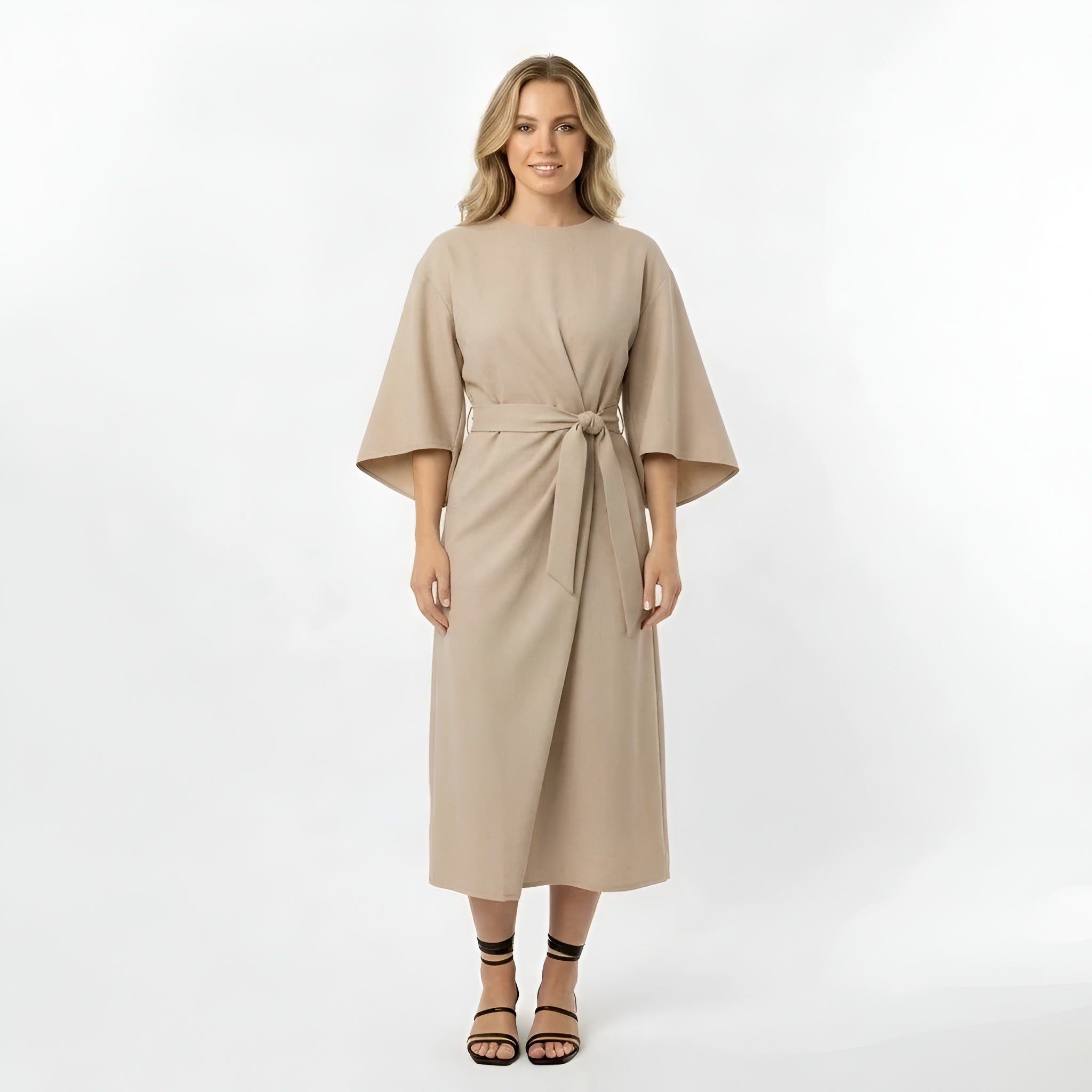 Sukienka midi damska z paskiem, luźna sukienka z rękawami 3/4 i kopertowym fasonem