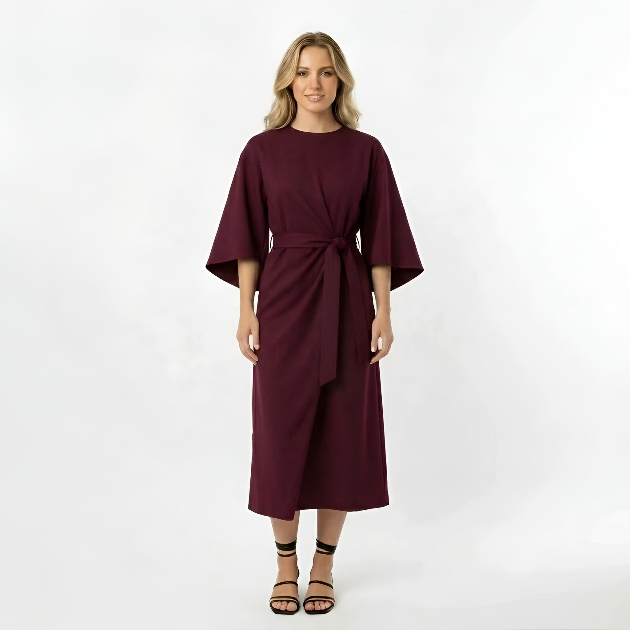 Sukienka midi damska z paskiem, luźna sukienka z rękawami 3/4 i kopertowym fasonem