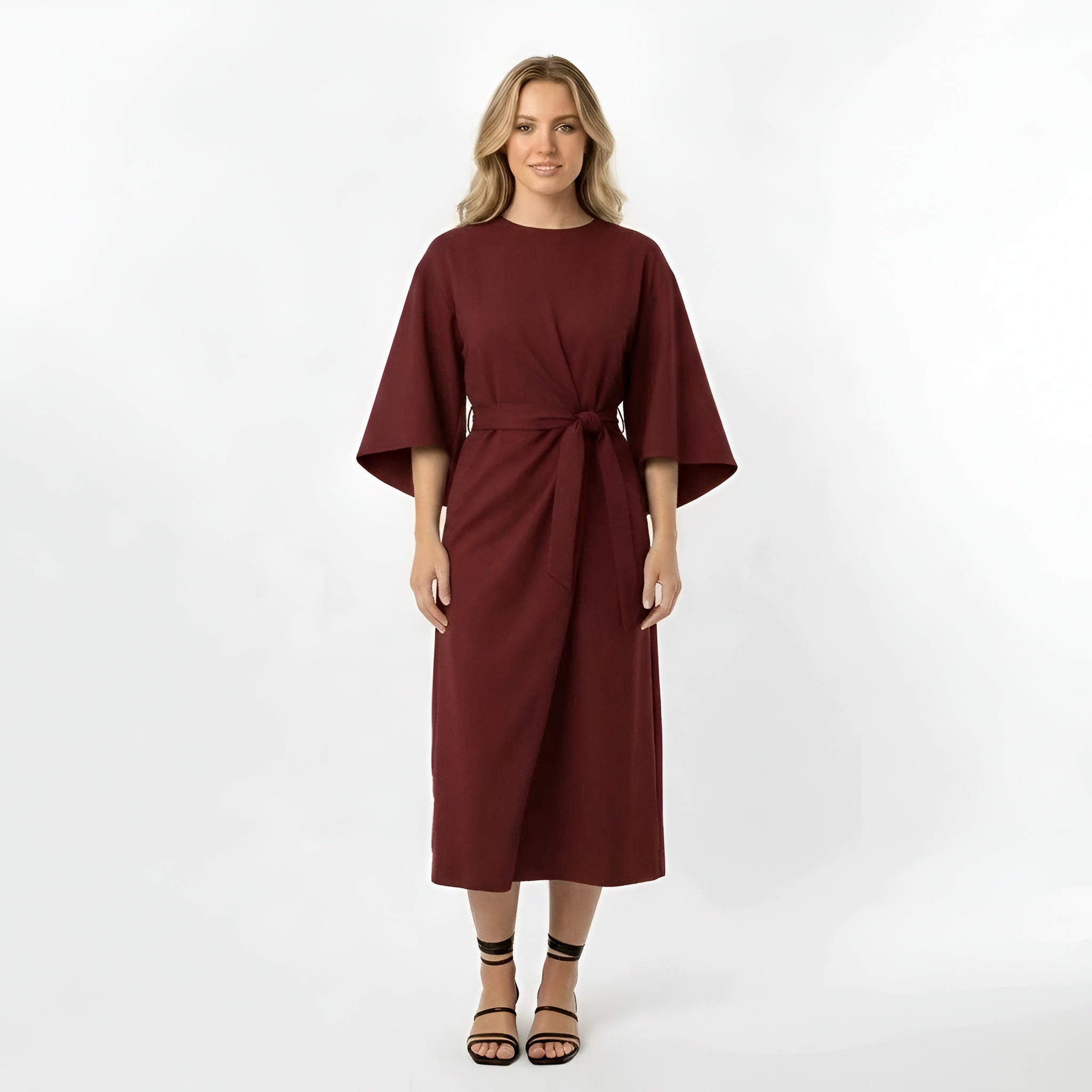 Vestido midi feminino com cinto, vestido solto com mangas 3/4 e design envelope