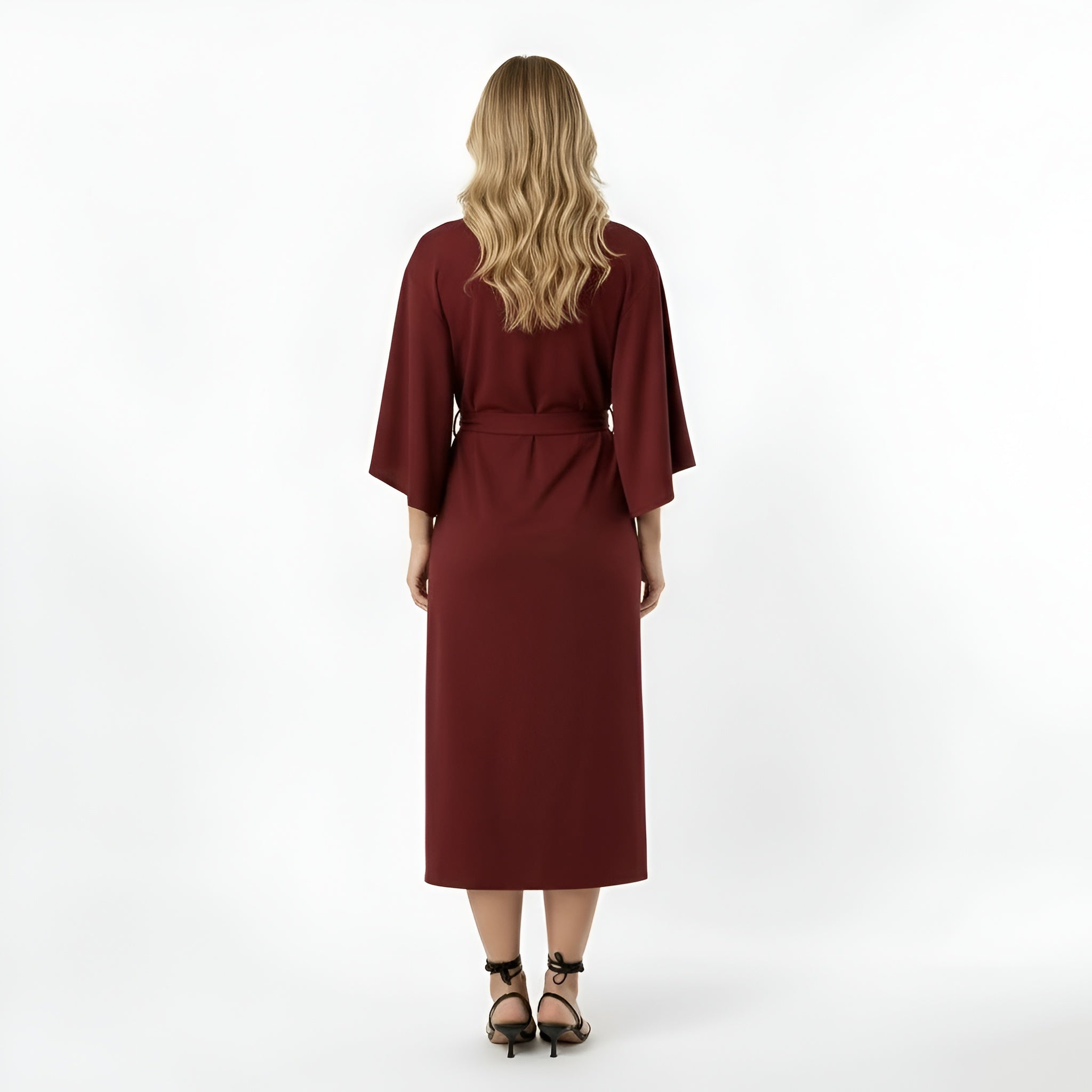 Sukienka midi damska z paskiem, luźna sukienka z rękawami 3/4 i kopertowym fasonem