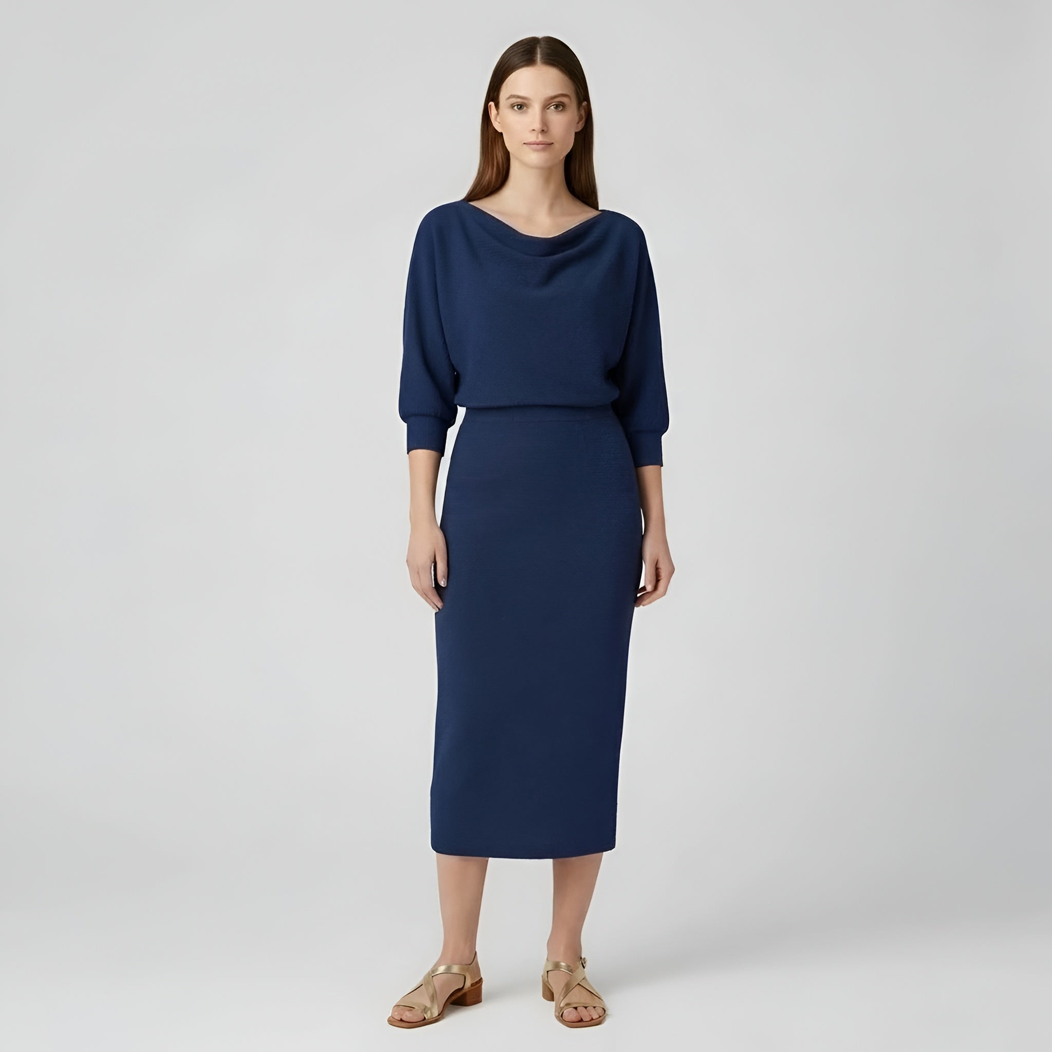 Sukienka midi damska dopasowana z długimi rękawami, drapowanym dekoltem i wysokim stanem