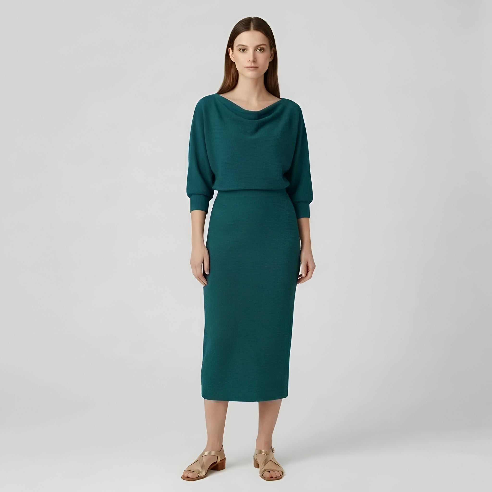 Sukienka midi damska dopasowana z długimi rękawami, drapowanym dekoltem i wysokim stanem