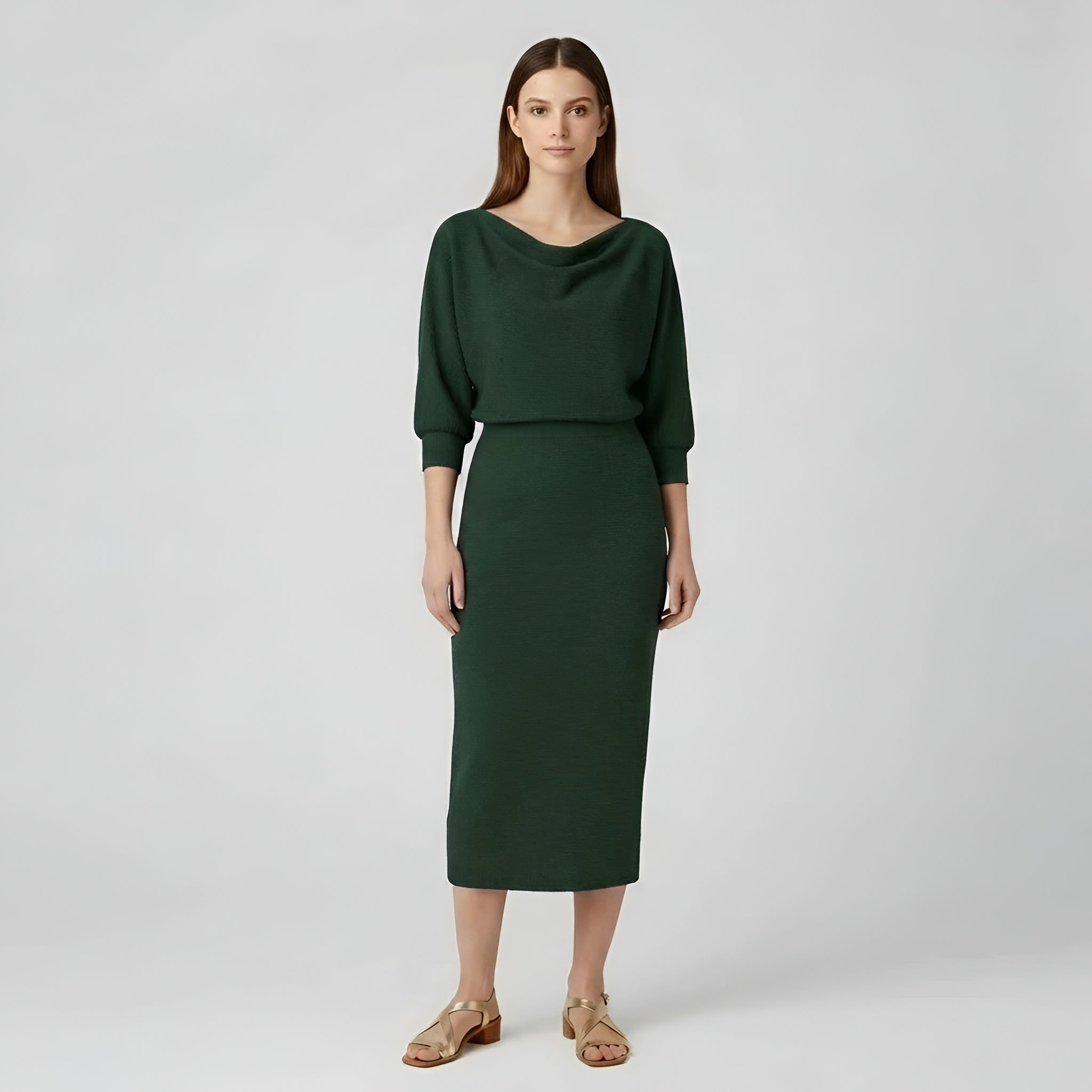 Sukienka midi damska dopasowana z długimi rękawami, drapowanym dekoltem i wysokim stanem