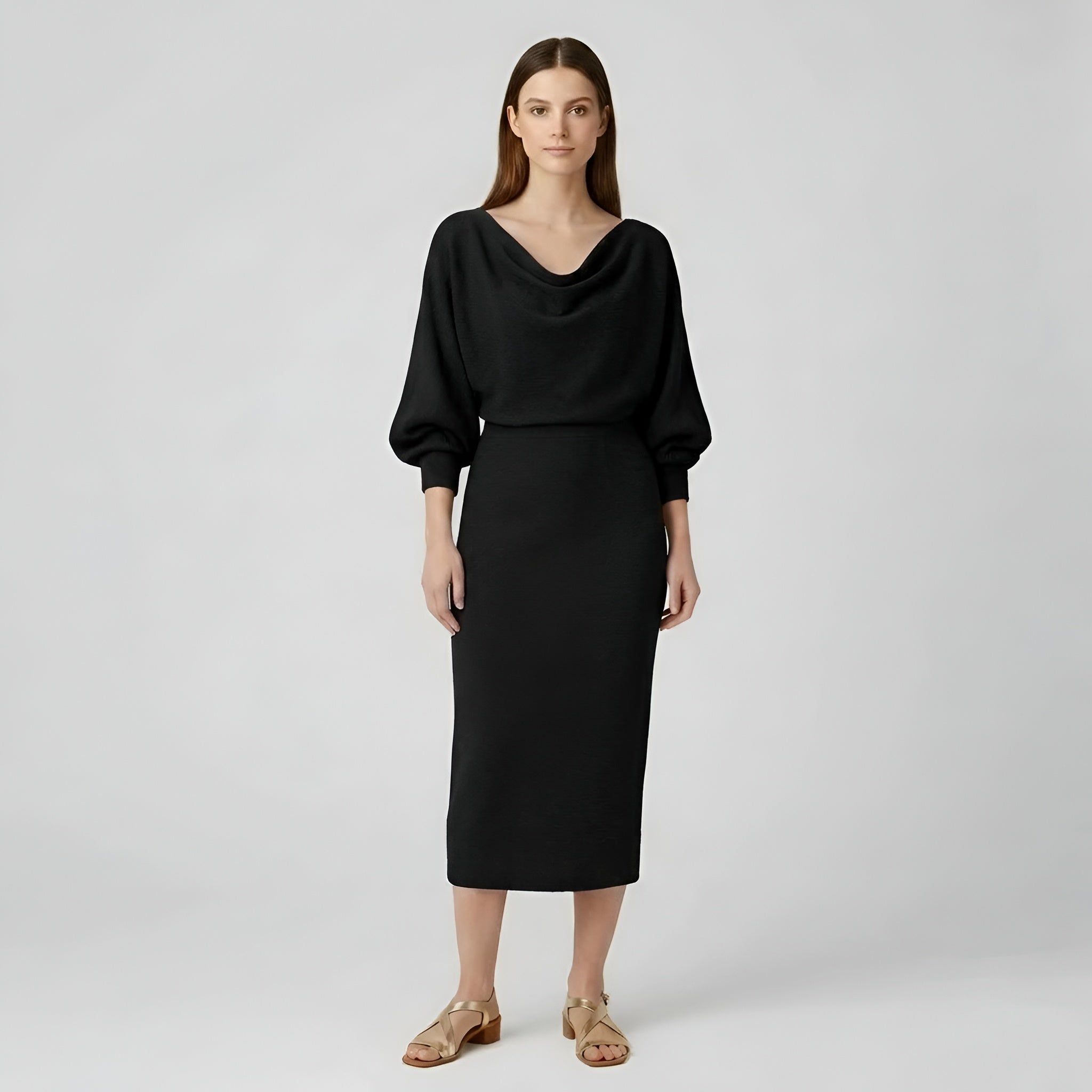 Sukienka midi damska dopasowana z długimi rękawami, drapowanym dekoltem i wysokim stanem