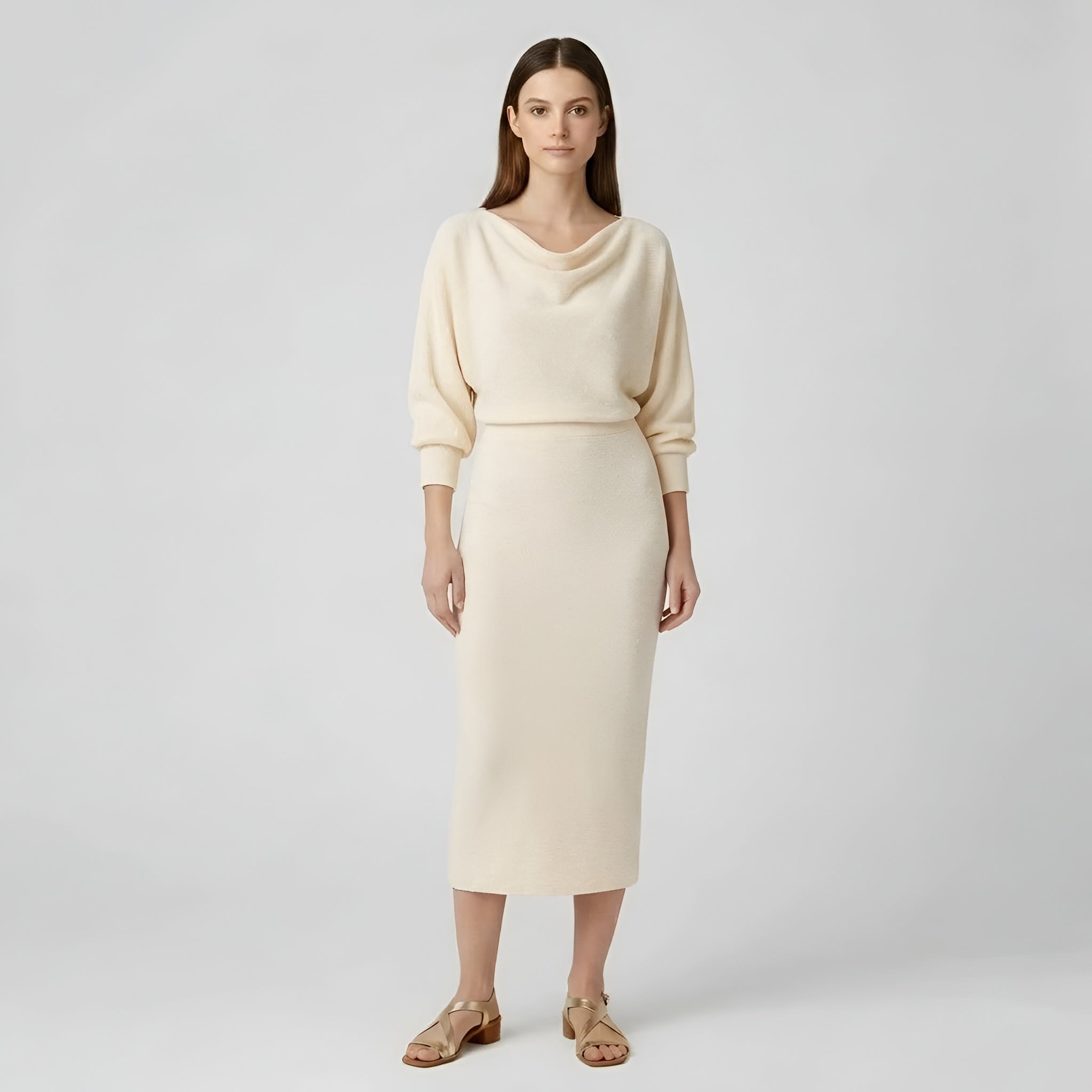 Sukienka midi damska dopasowana z długimi rękawami, drapowanym dekoltem i wysokim stanem