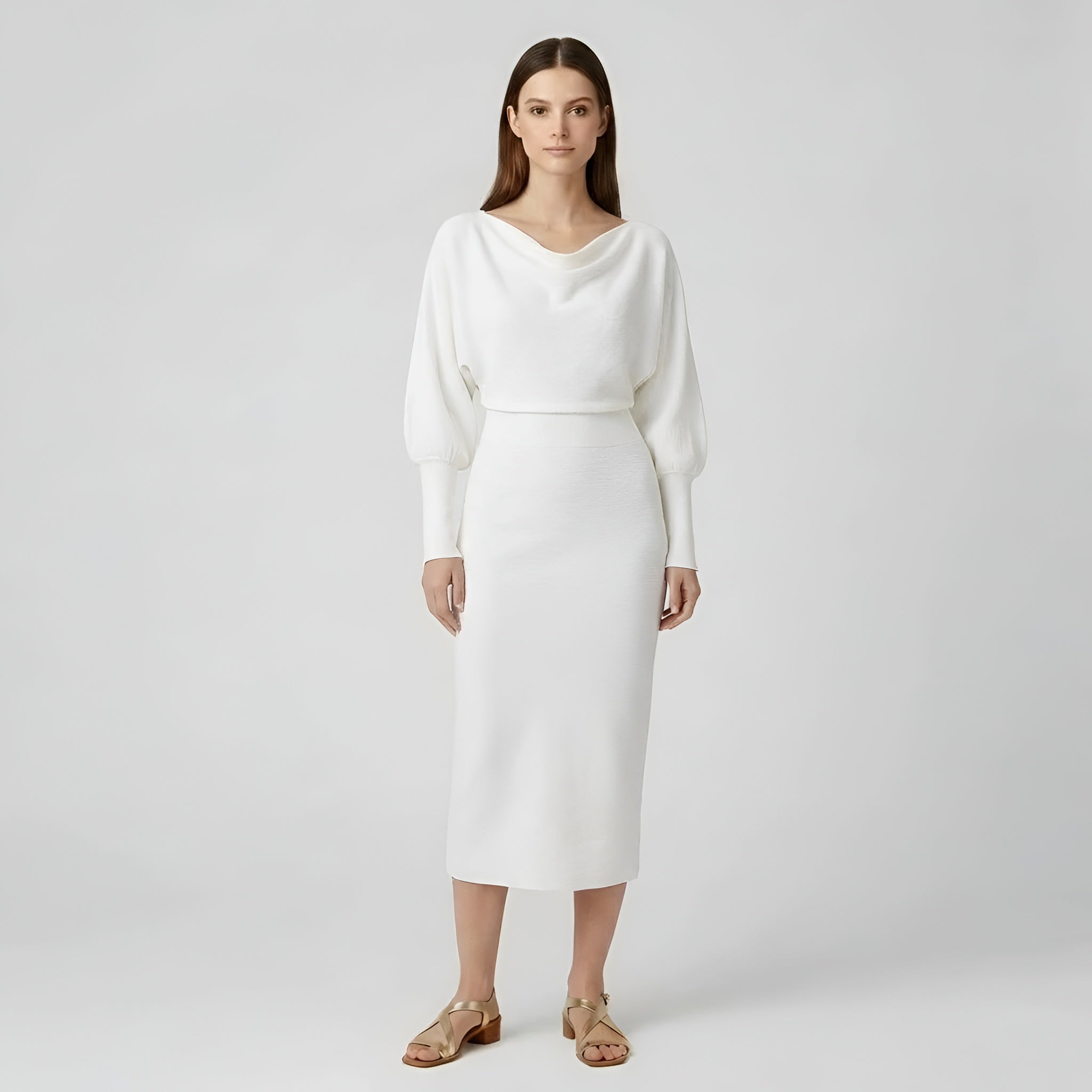 Sukienka midi damska dopasowana z długimi rękawami, drapowanym dekoltem i wysokim stanem