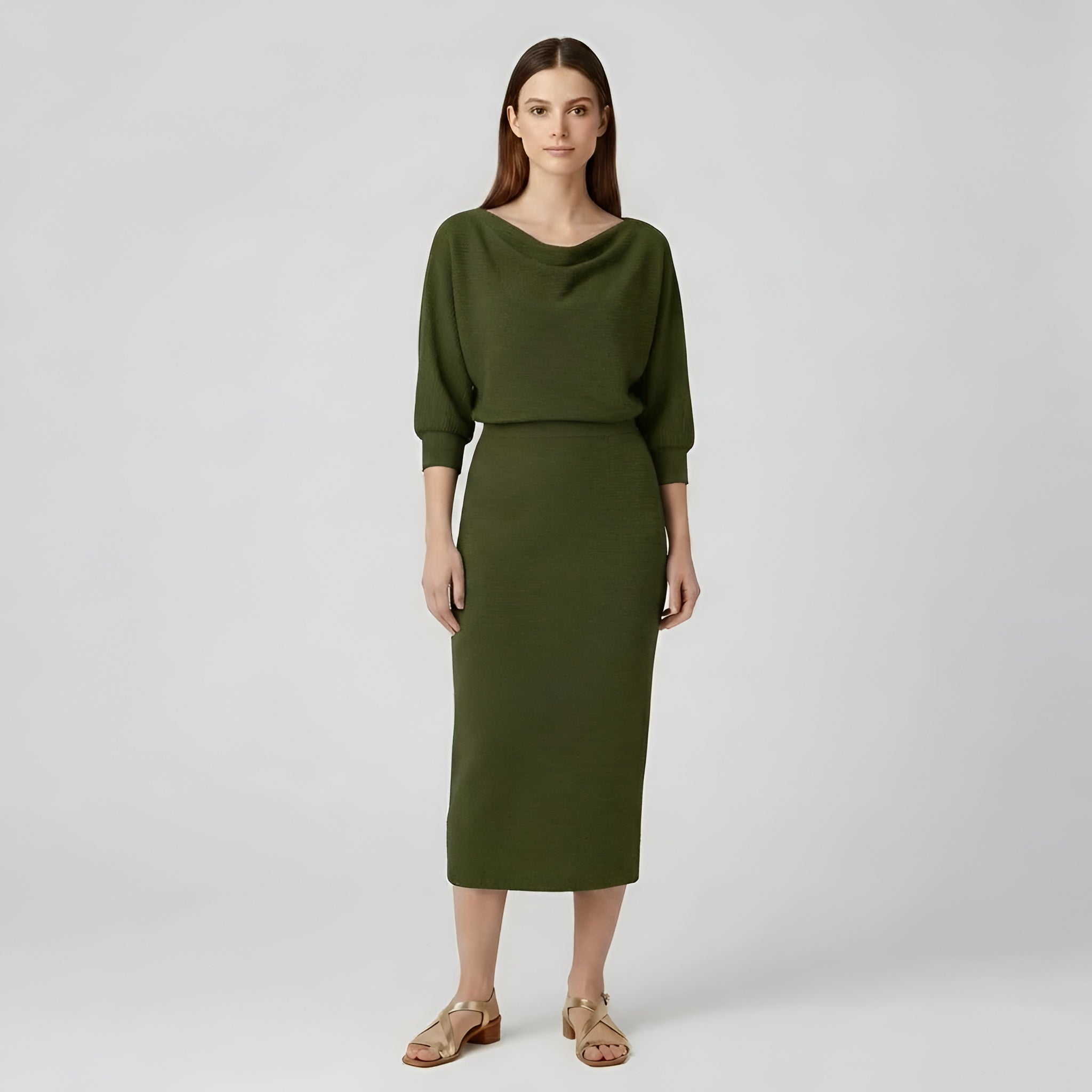 Vestido midi justo para senhora com mangas compridas, decote drapeado e cintura alta