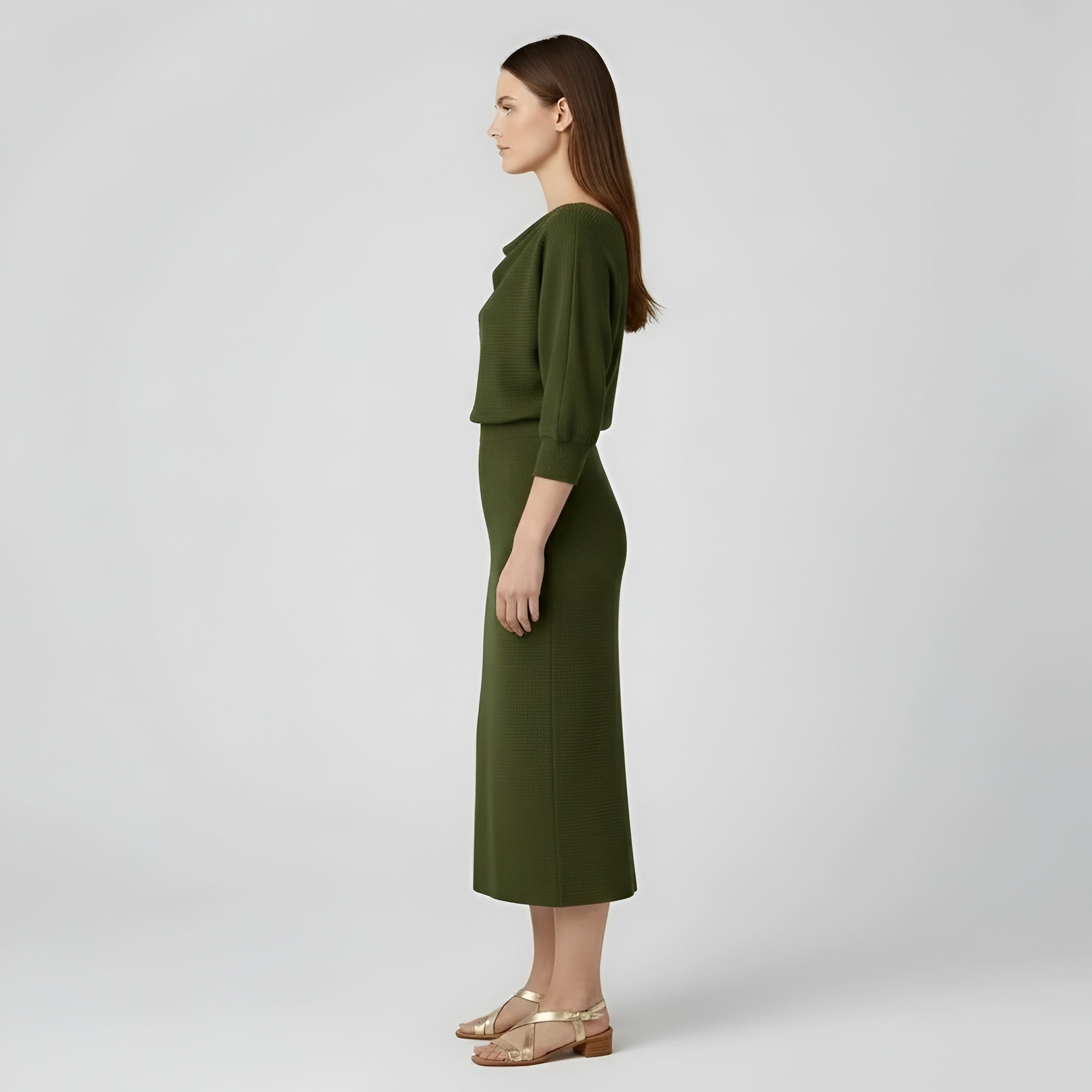 Sukienka midi damska dopasowana z długimi rękawami, drapowanym dekoltem i wysokim stanem