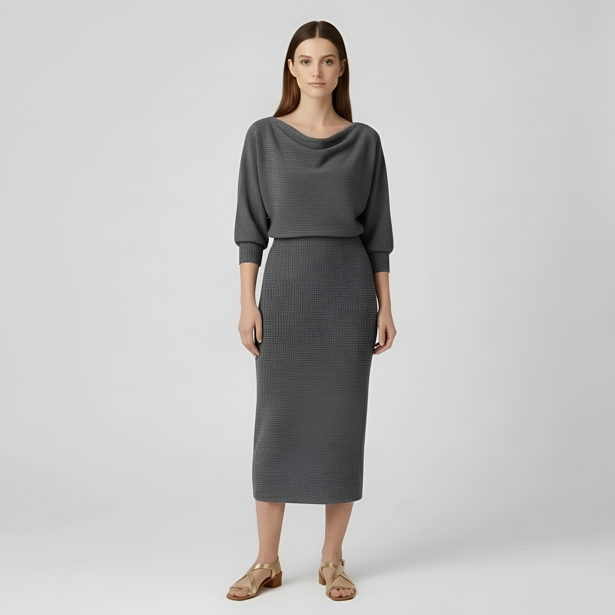 Sukienka midi damska dopasowana z długimi rękawami, drapowanym dekoltem i wysokim stanem