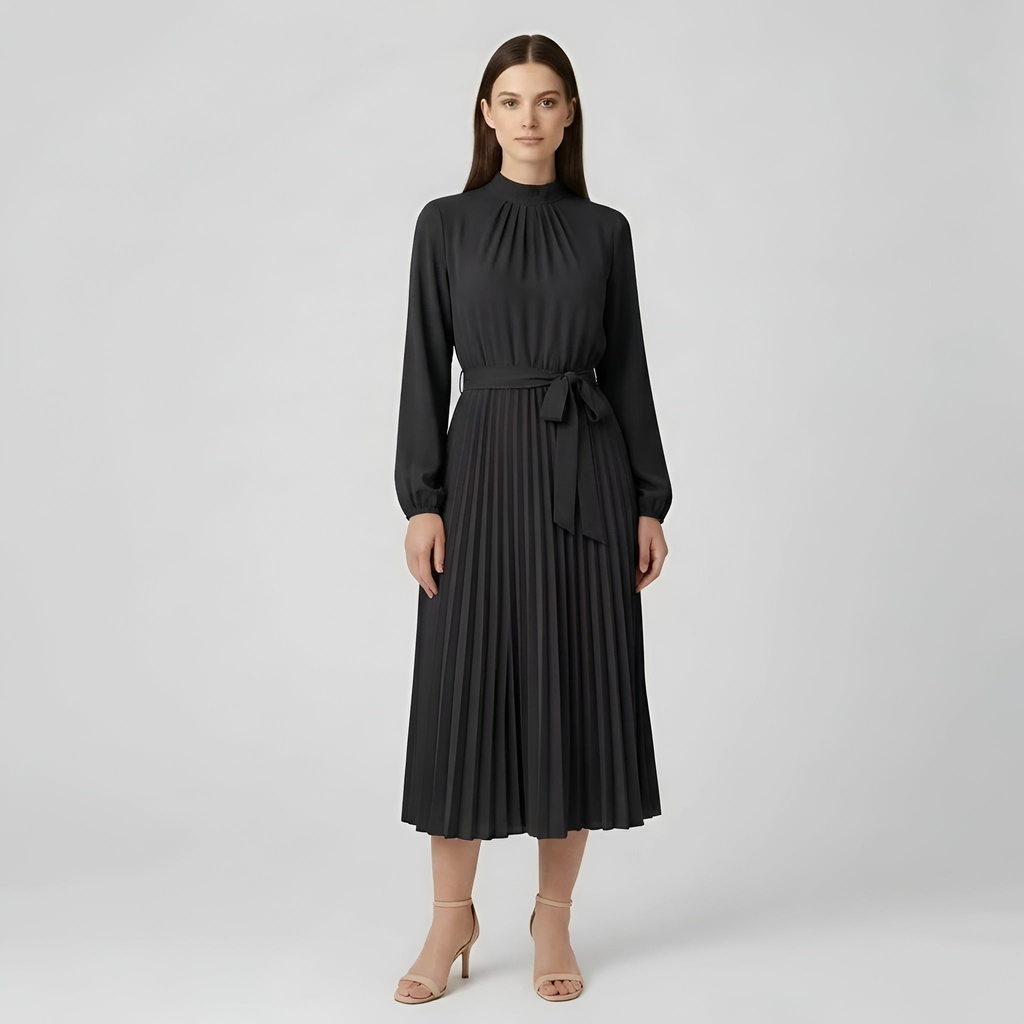 Dámské midi šaty s dlouhými rukávy, plisované šaty s páskem a vysokým límcem