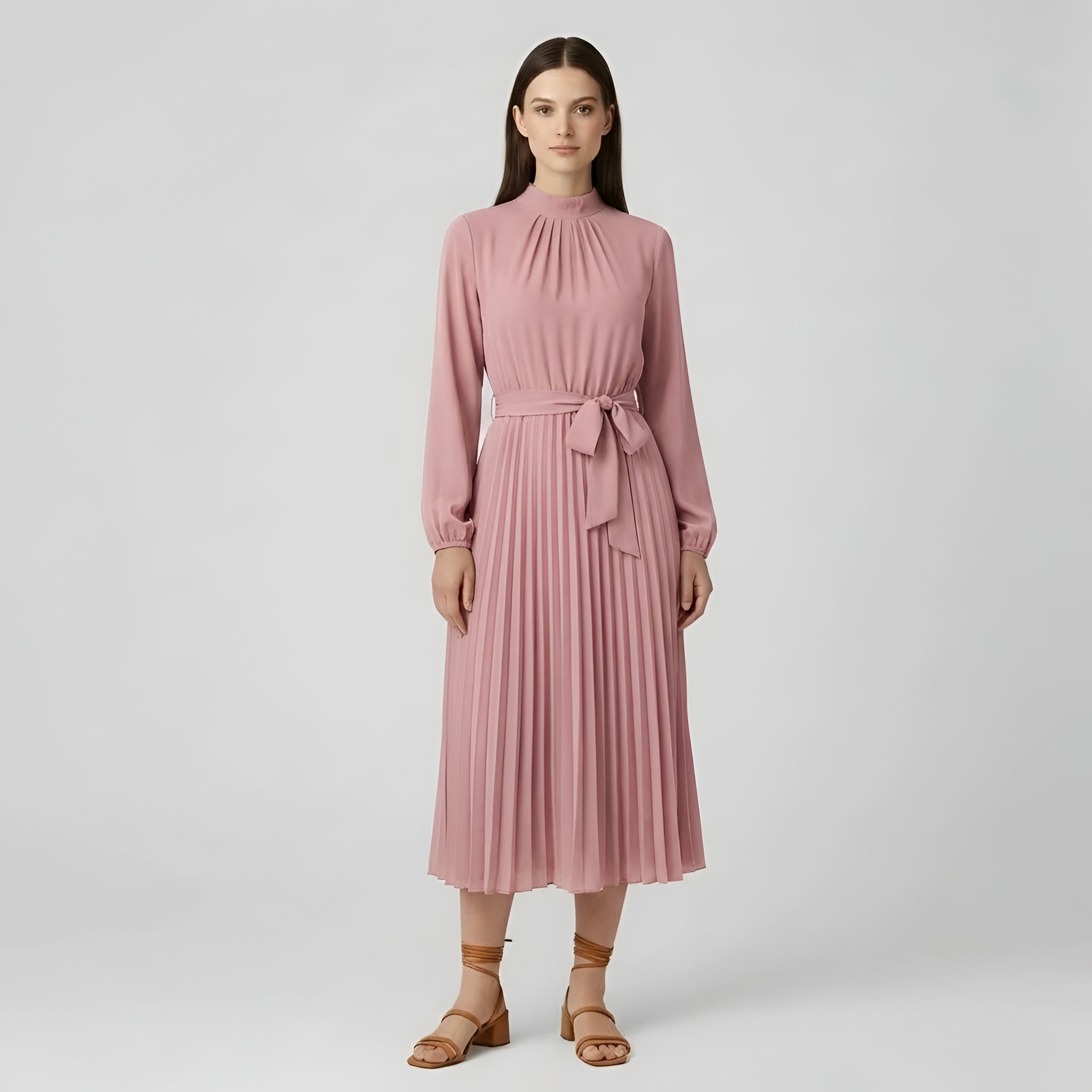 Dámské midi šaty s dlouhými rukávy, plisované šaty s páskem a vysokým límcem