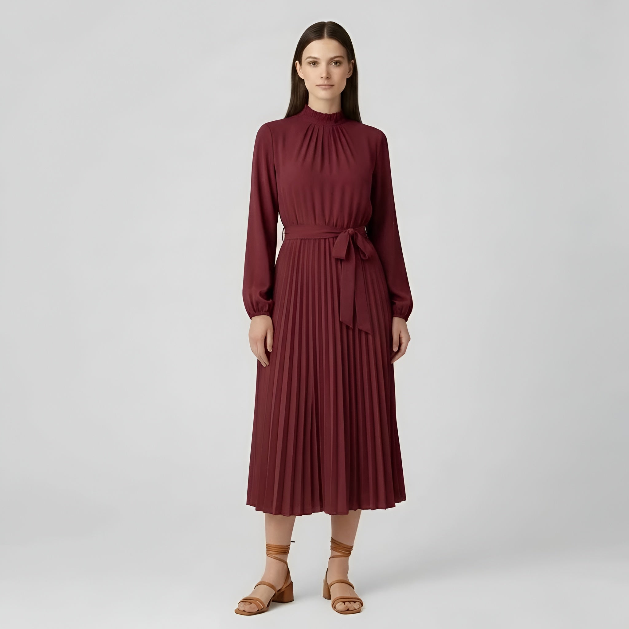 Dámské midi šaty s dlouhými rukávy, plisované šaty s páskem a vysokým límcem