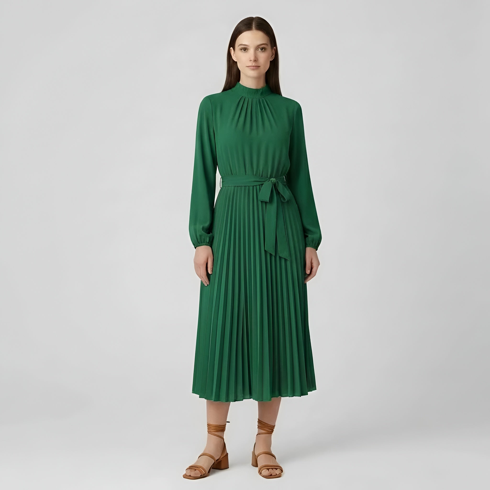 Dámské midi šaty s dlouhými rukávy, plisované šaty s páskem a vysokým límcem