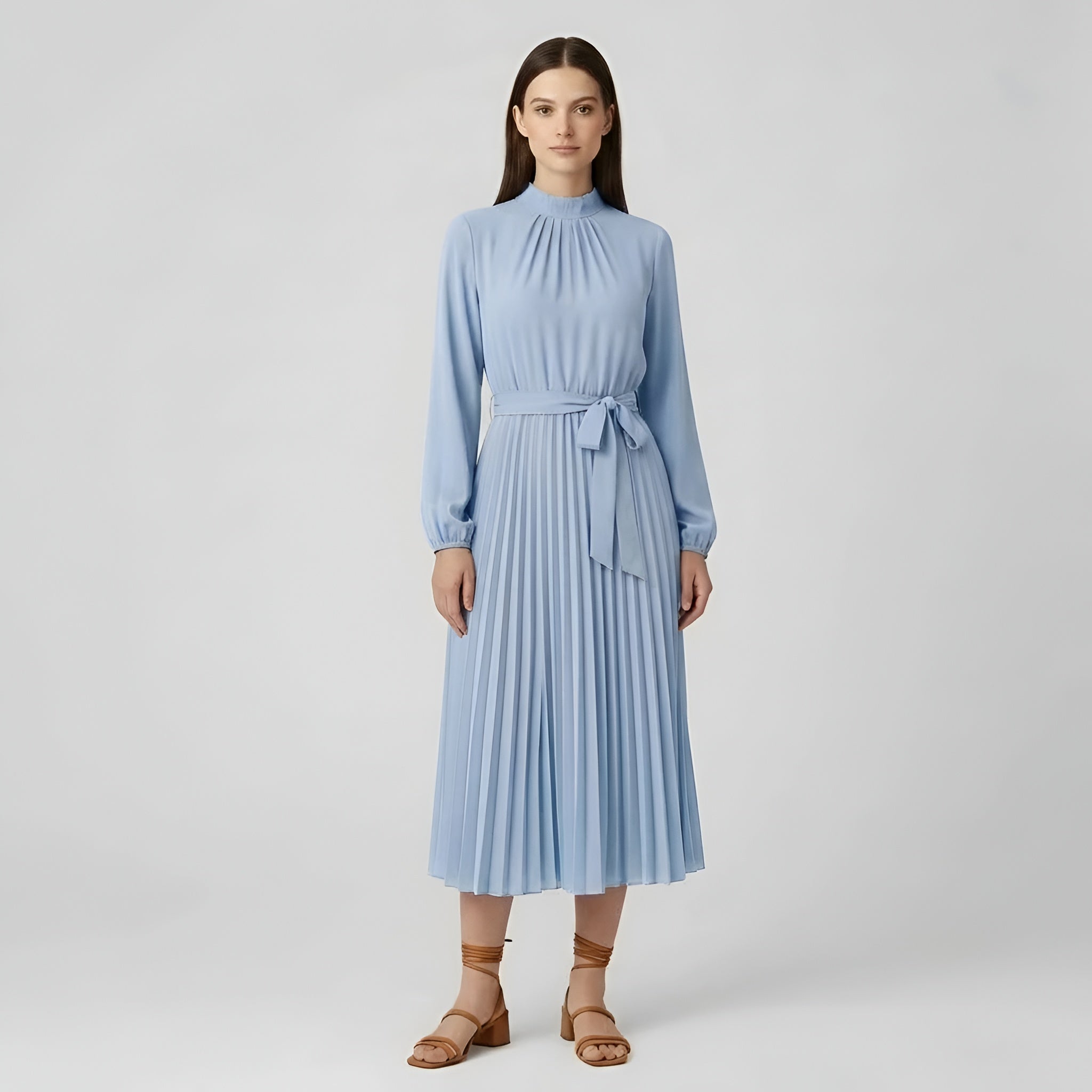 Vestido midi feminino com mangas compridas, vestido plissado com cinto e gola alta