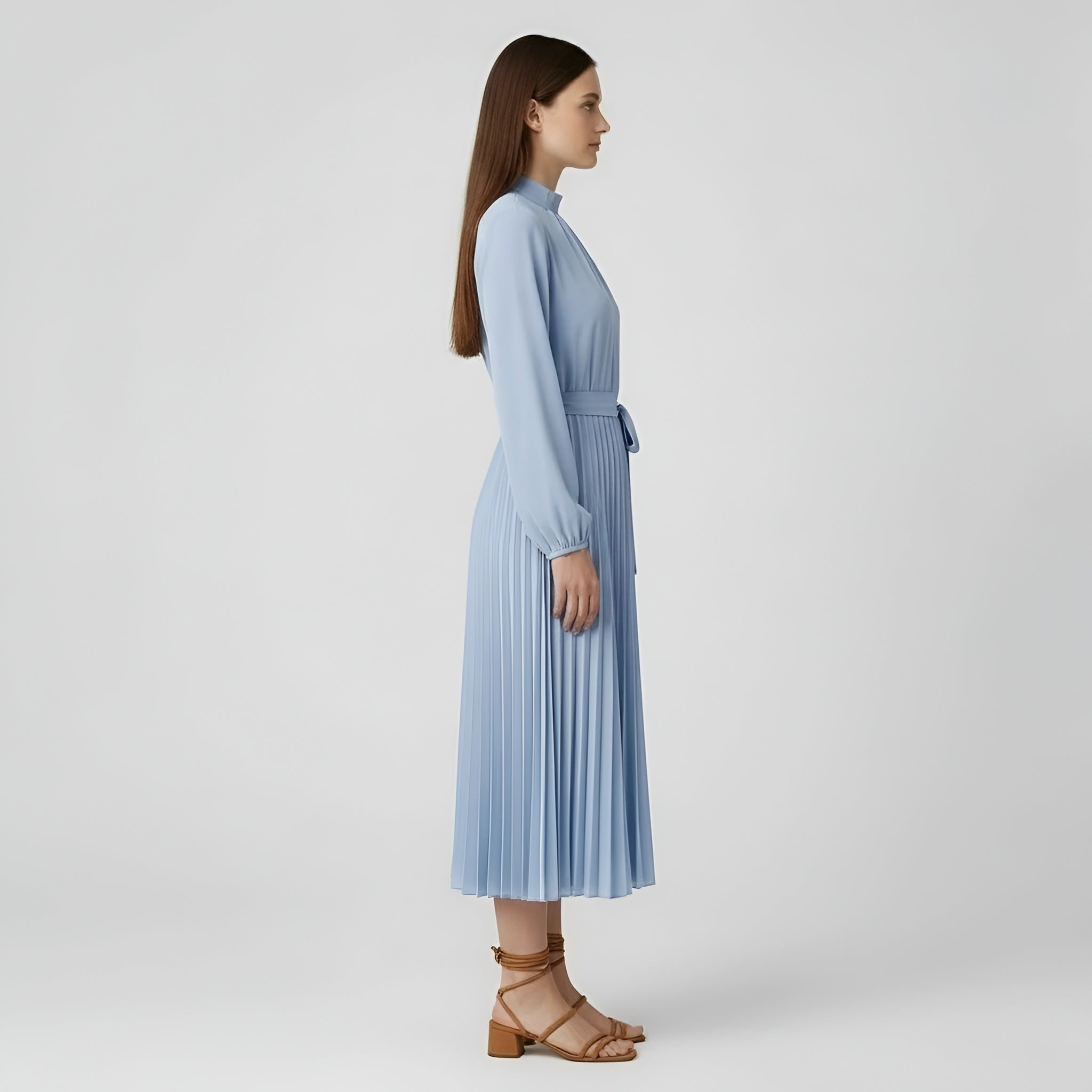 Dámské midi šaty s dlouhými rukávy, plisované šaty s páskem a vysokým límcem