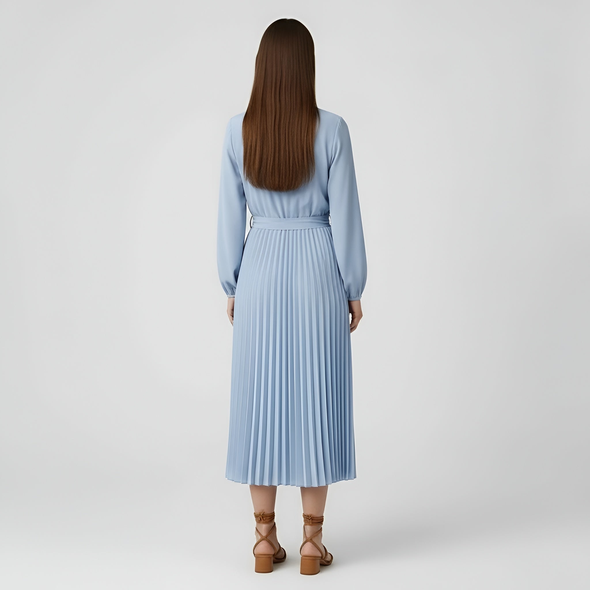 Dámské midi šaty s dlouhými rukávy, plisované šaty s páskem a vysokým límcem