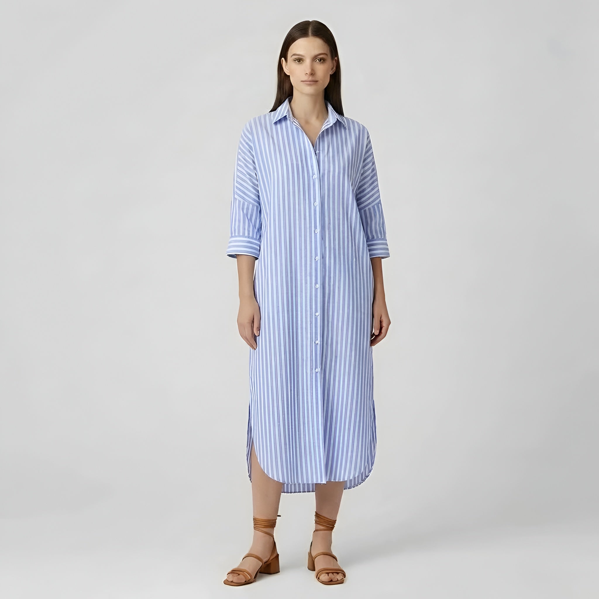 Harriet | Damska sukienka midi na lato w paski z długim rękawem