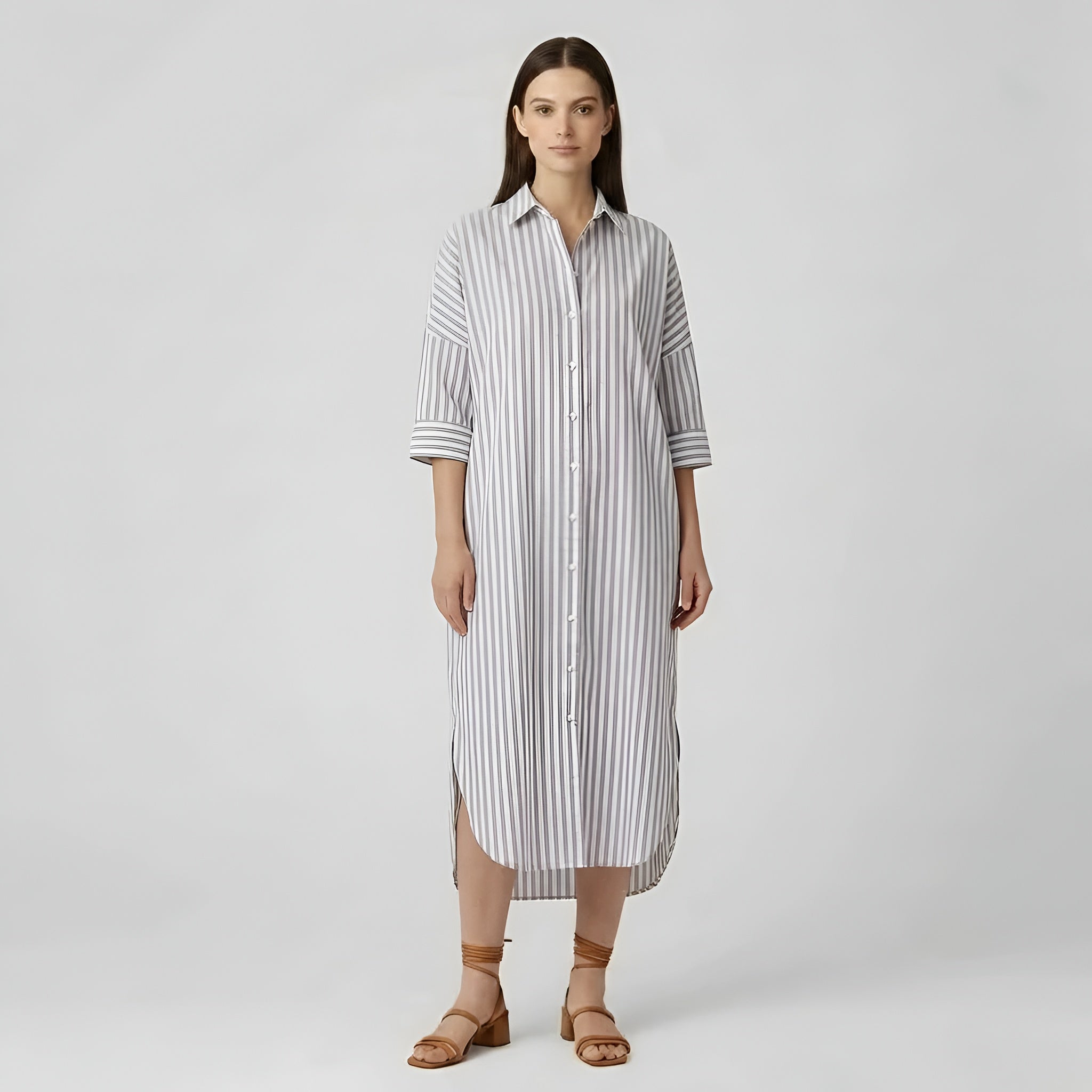 Harriet | Damska sukienka midi na lato w paski z długim rękawem