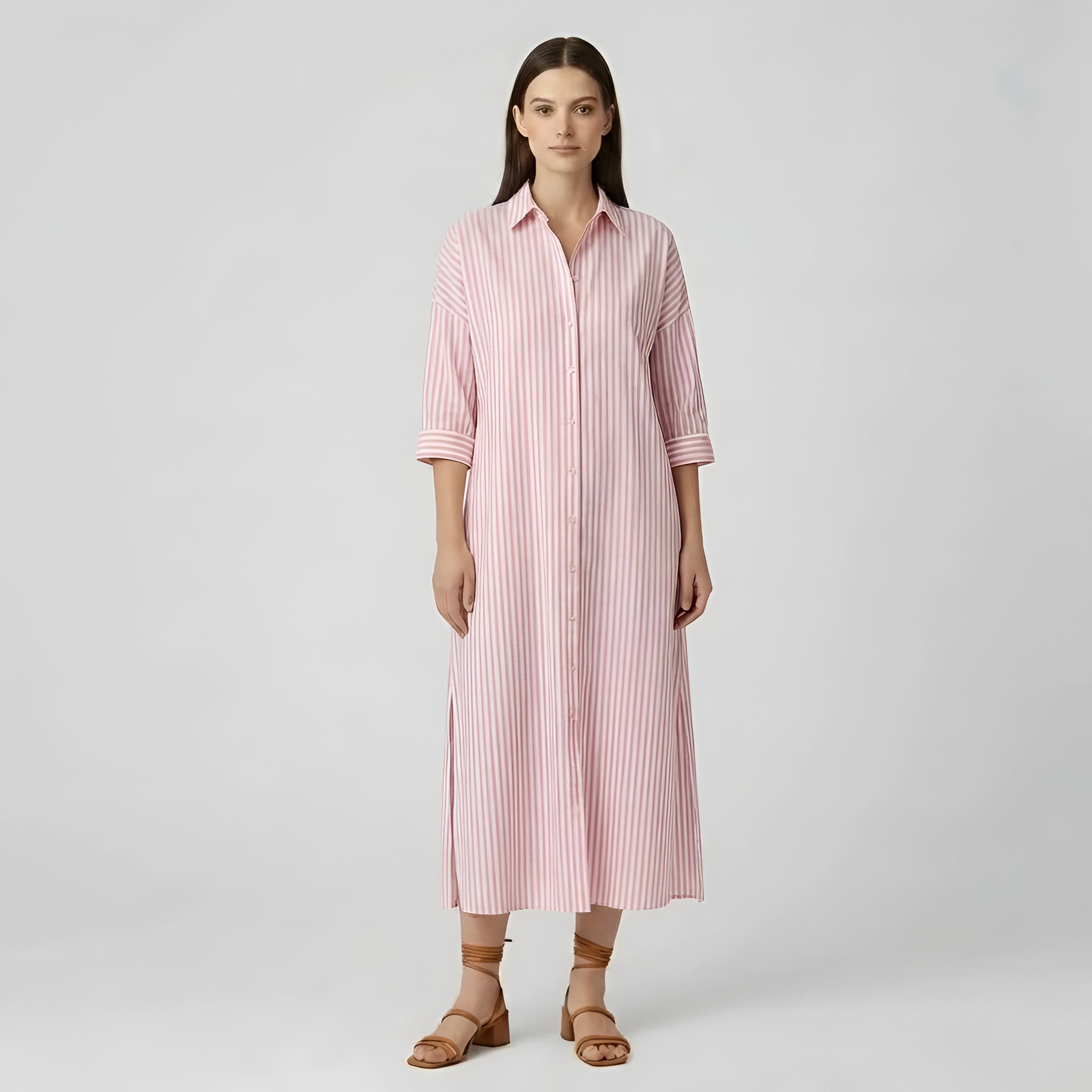 Harriet | Vestido Camiseiro Midi de Verão às Riscas com Mangas Compridas para Mulher