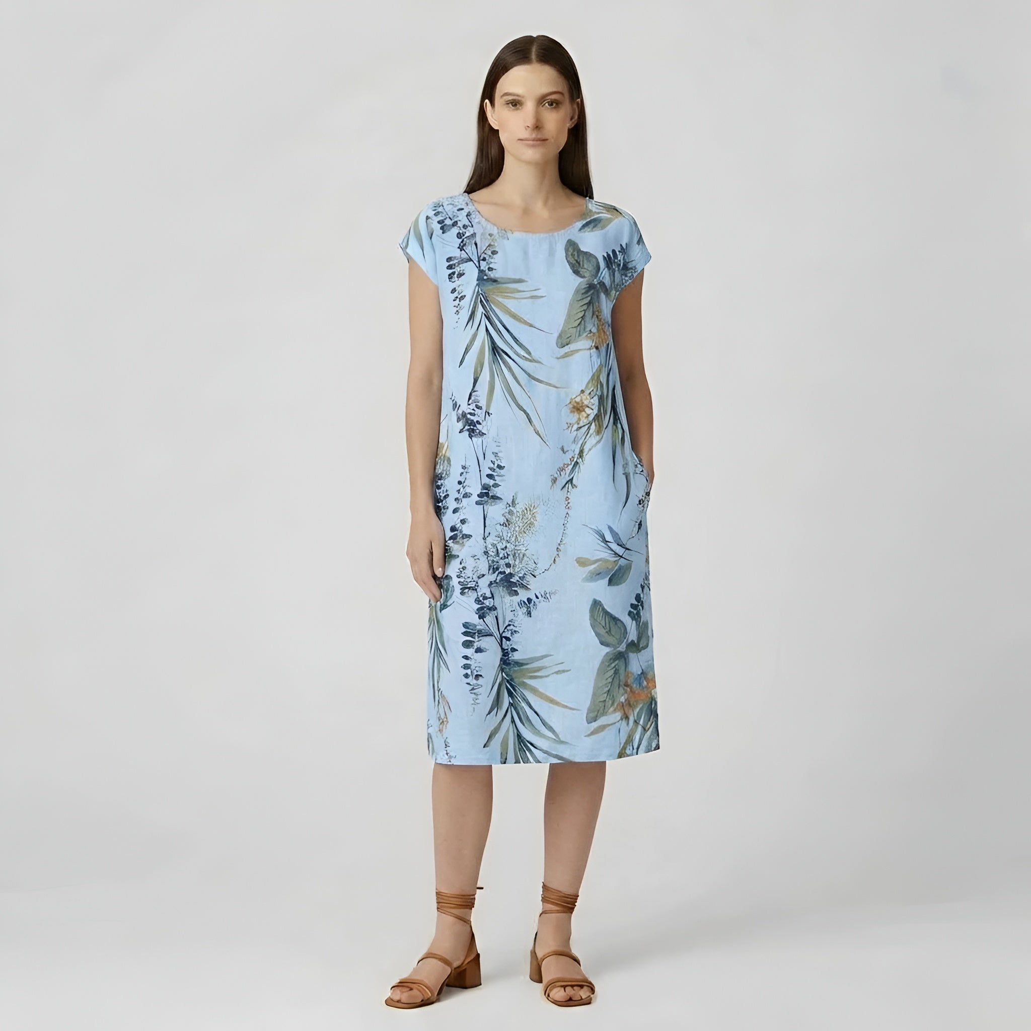 Abito estivo da donna in cotone, vestito ampio con stampa, maniche corte e tasche