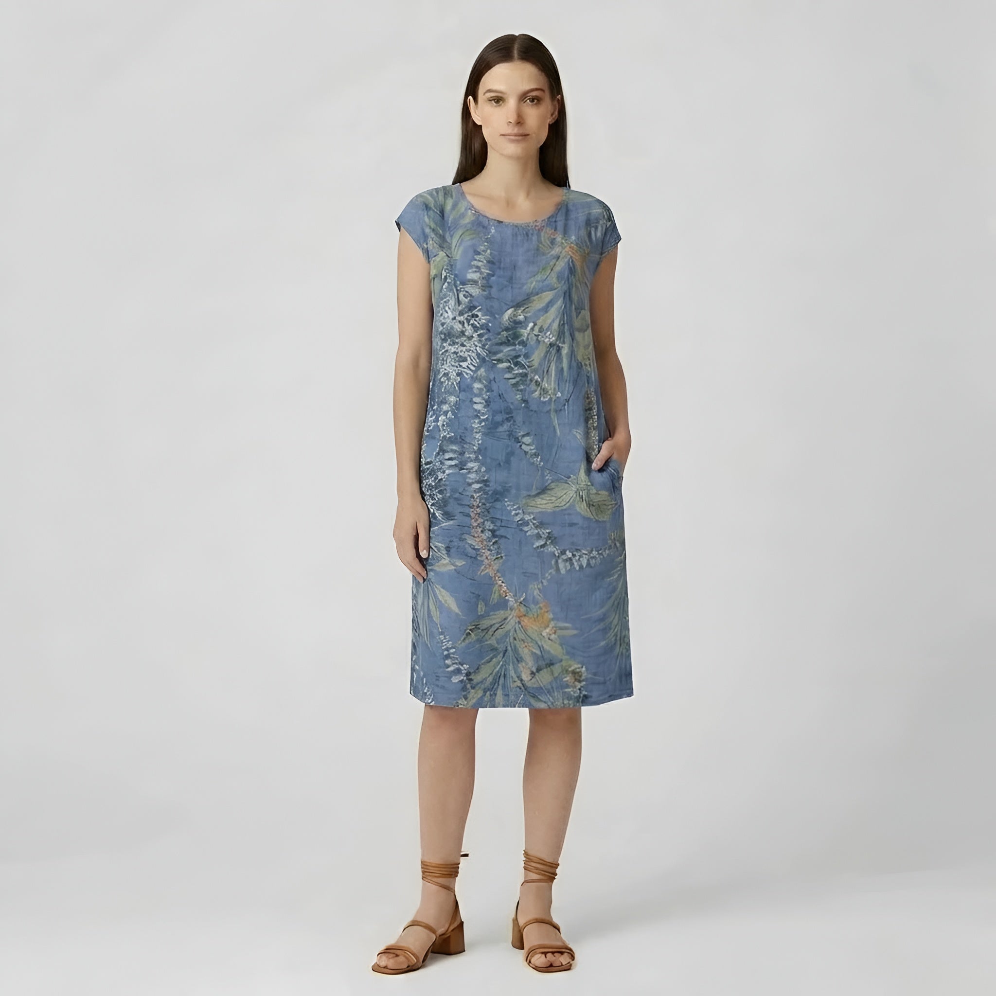 Abito estivo da donna in cotone, vestito ampio con stampa, maniche corte e tasche