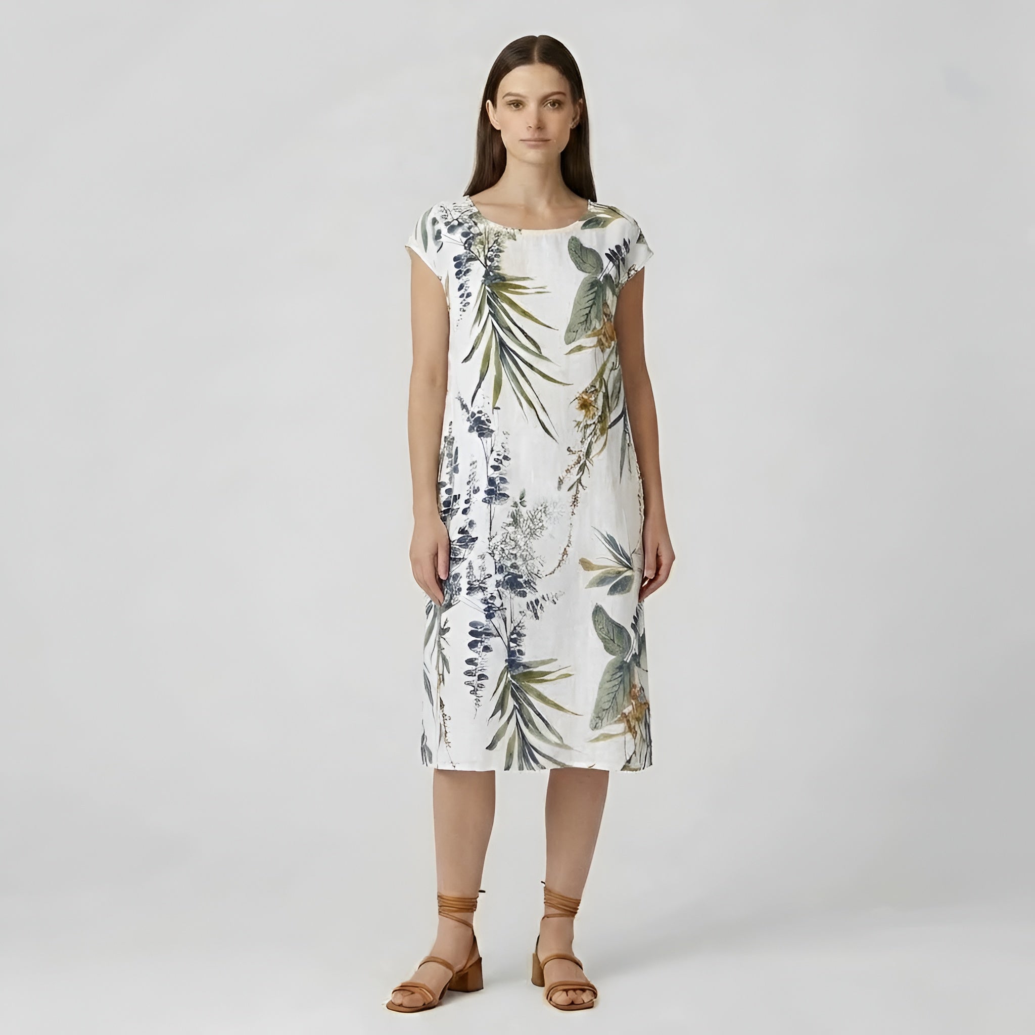 Abito estivo da donna in cotone, vestito ampio con stampa, maniche corte e tasche