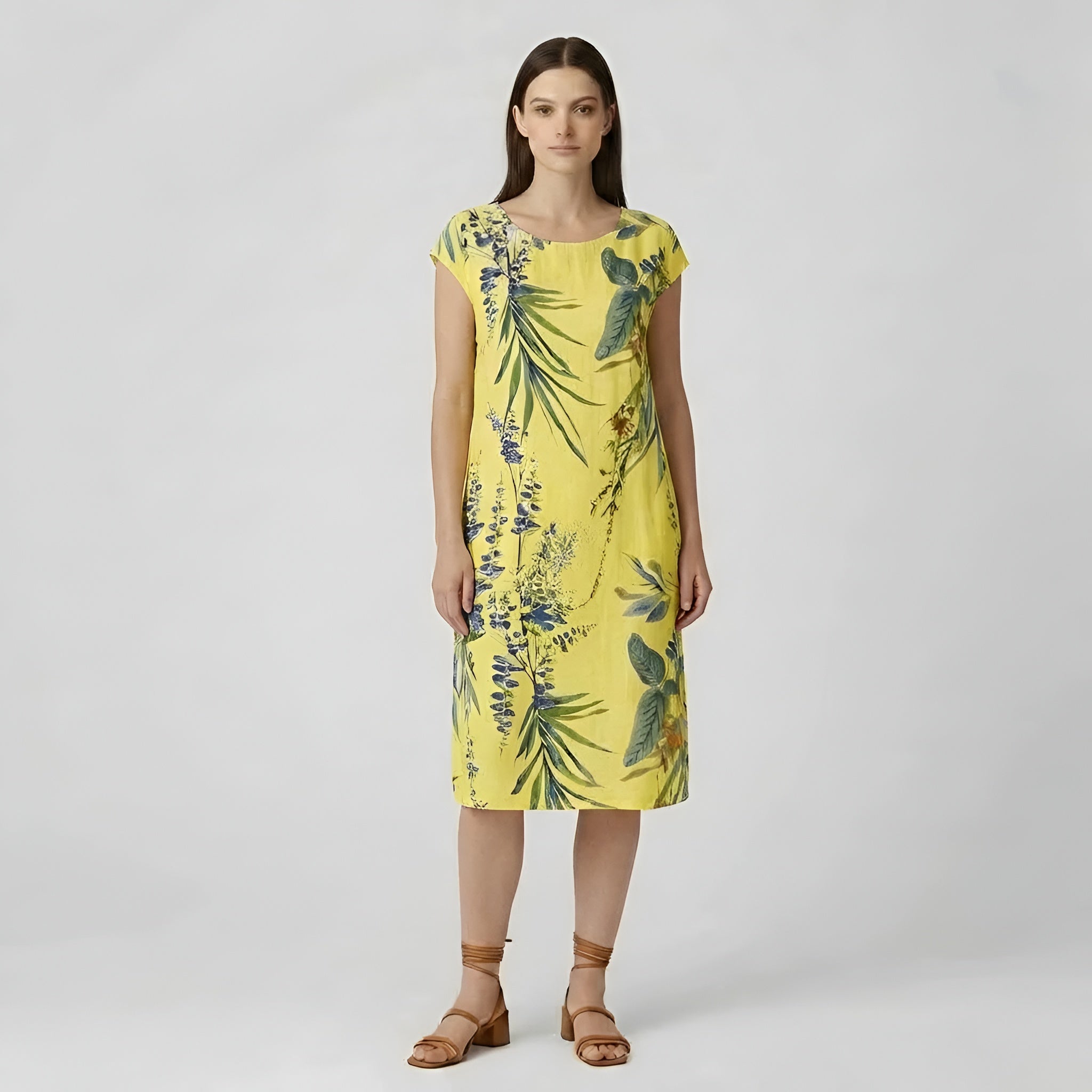 Abito estivo da donna in cotone, vestito ampio con stampa, maniche corte e tasche