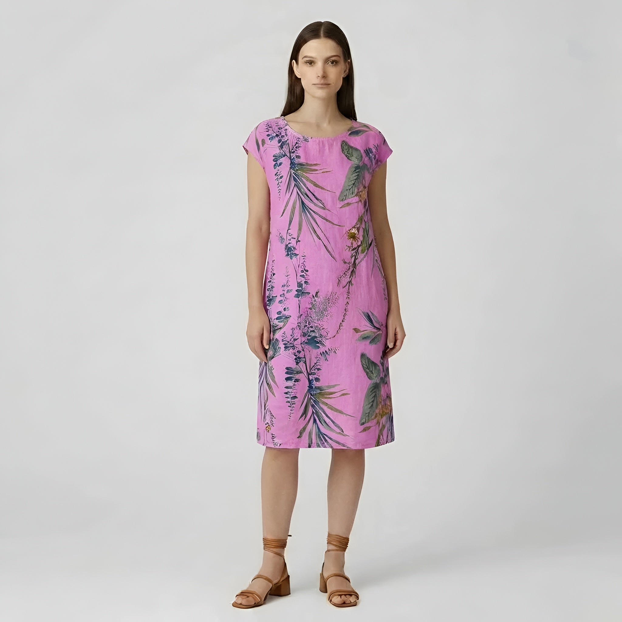 Abito estivo da donna in cotone, vestito ampio con stampa, maniche corte e tasche