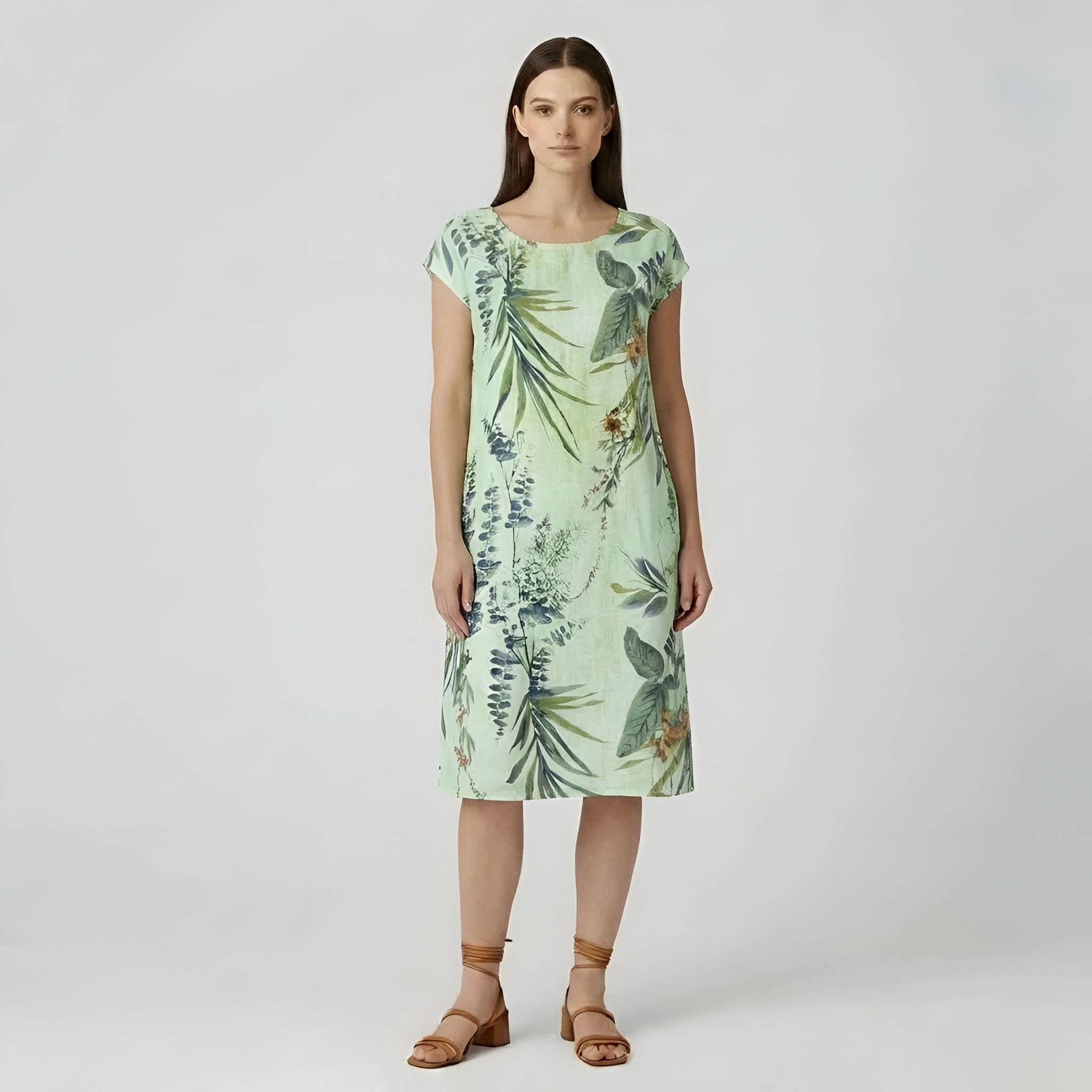 Abito estivo da donna in cotone, vestito ampio con stampa, maniche corte e tasche